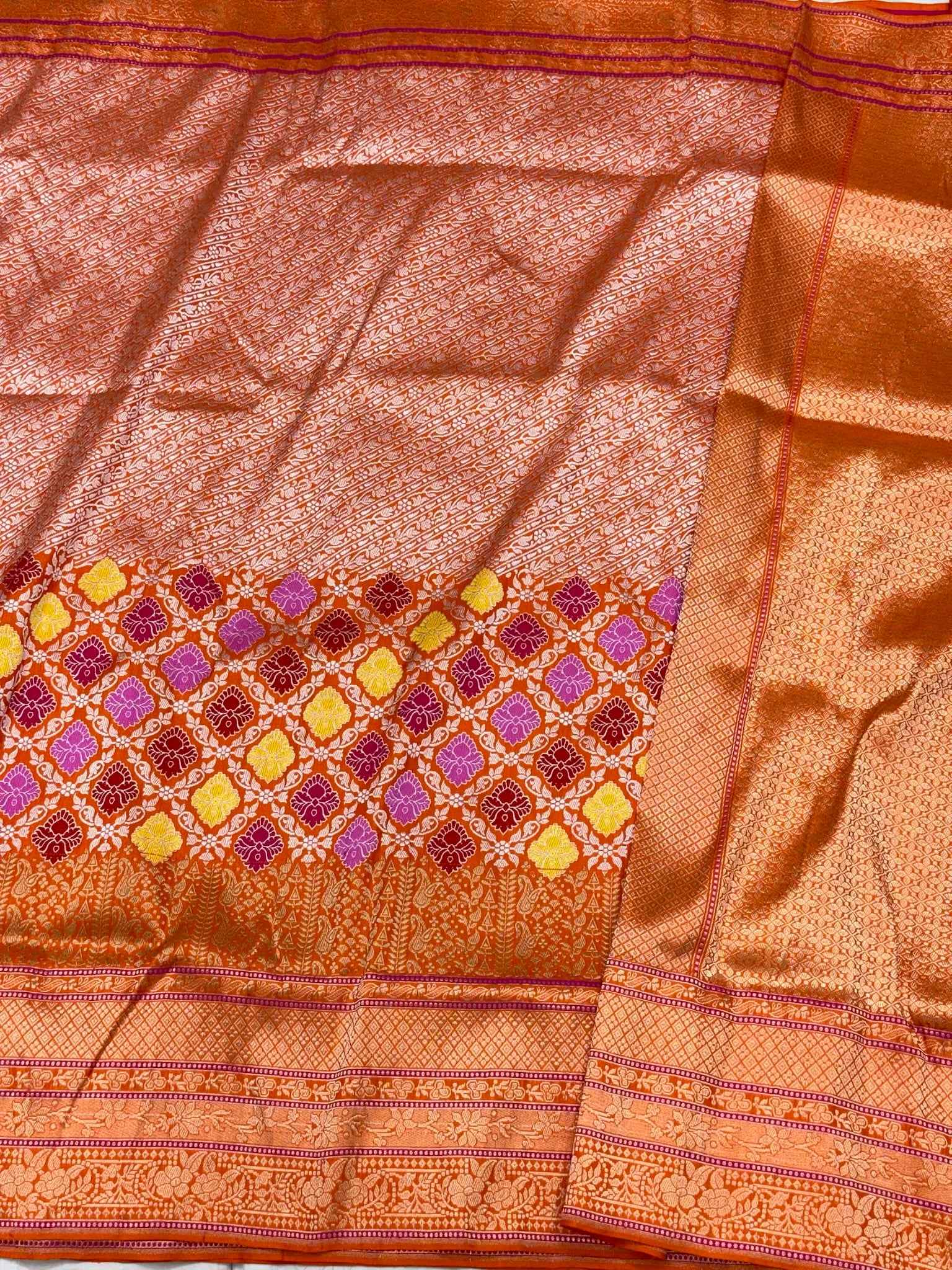 Orange Pure Mulberry Katan Silk Handwoven Banarasi Brocade Saree - Kadhwa Weave