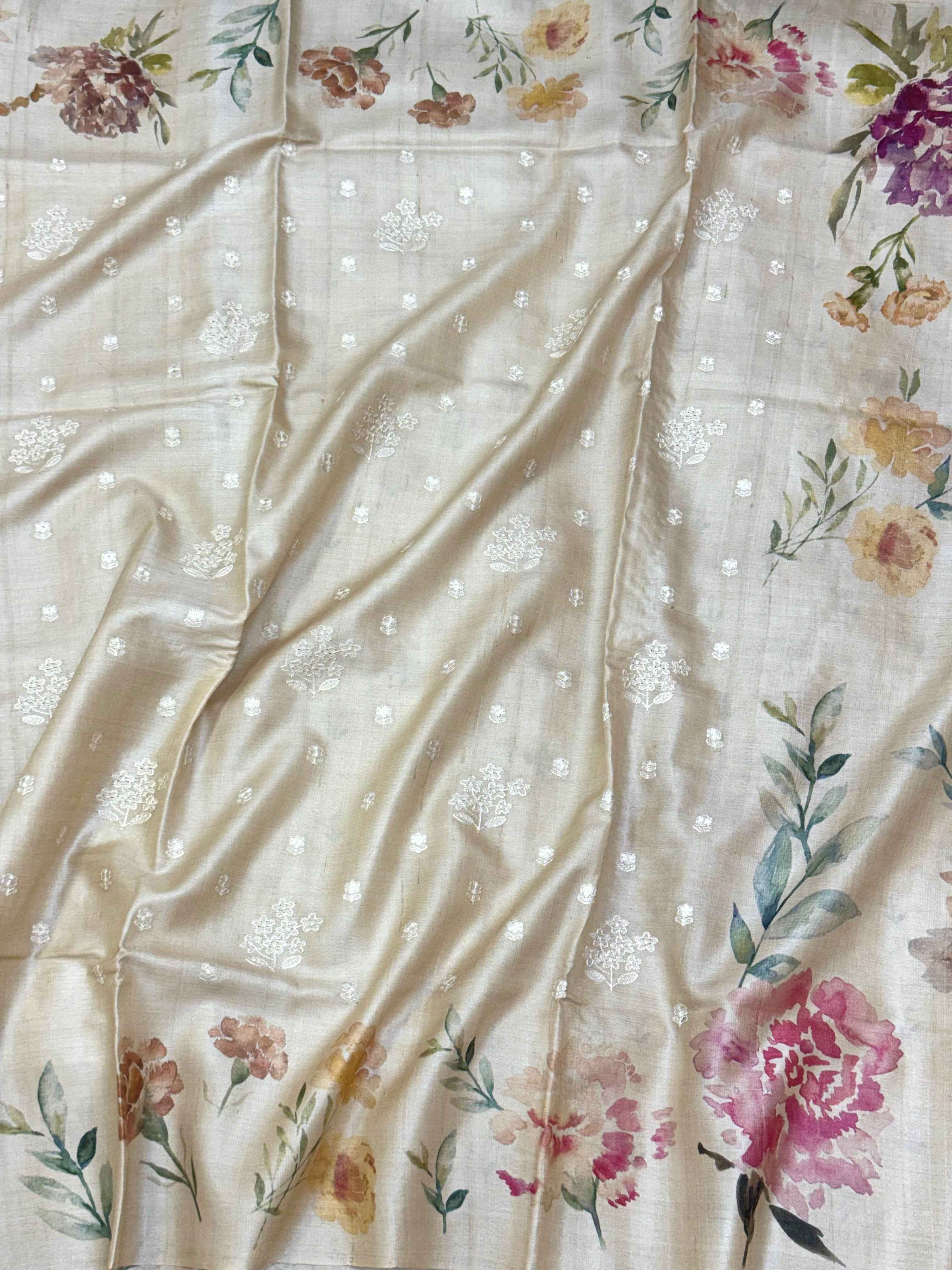 Ivory Pure Tussar Silk Handloom Printed with Embroidery Banarasi Saree - Soft Lightweight Banarasi Saree