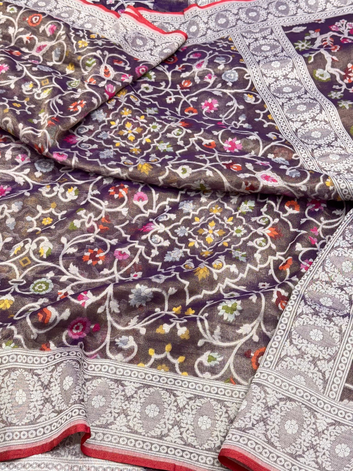 Dark Berry Purple Pure Cotton Tissue Jamdani Handloom Banarasi Saree | Ektara Weave
