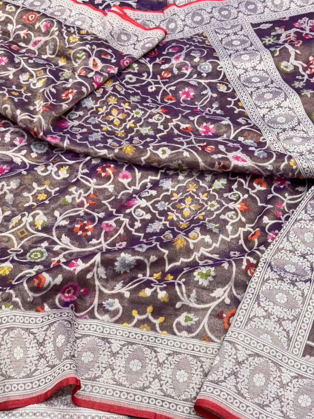 Dark Berry Purple Pure Cotton Tissue Jamdani Handloom Banarasi Saree | Ektara Weave