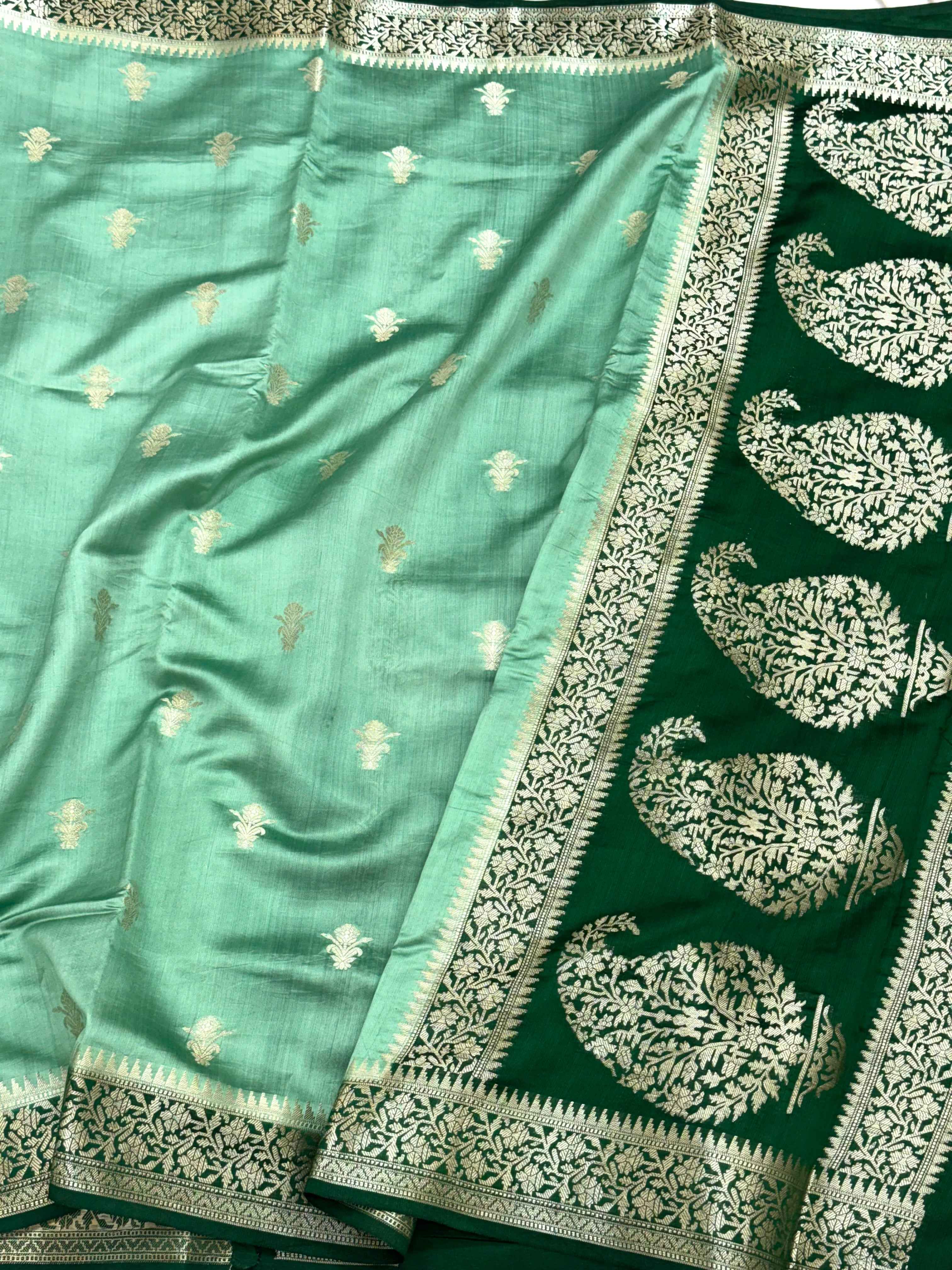Sea Green Pure Mulberry Chiniya Silk Lightweight Handloom Banarasi Saree