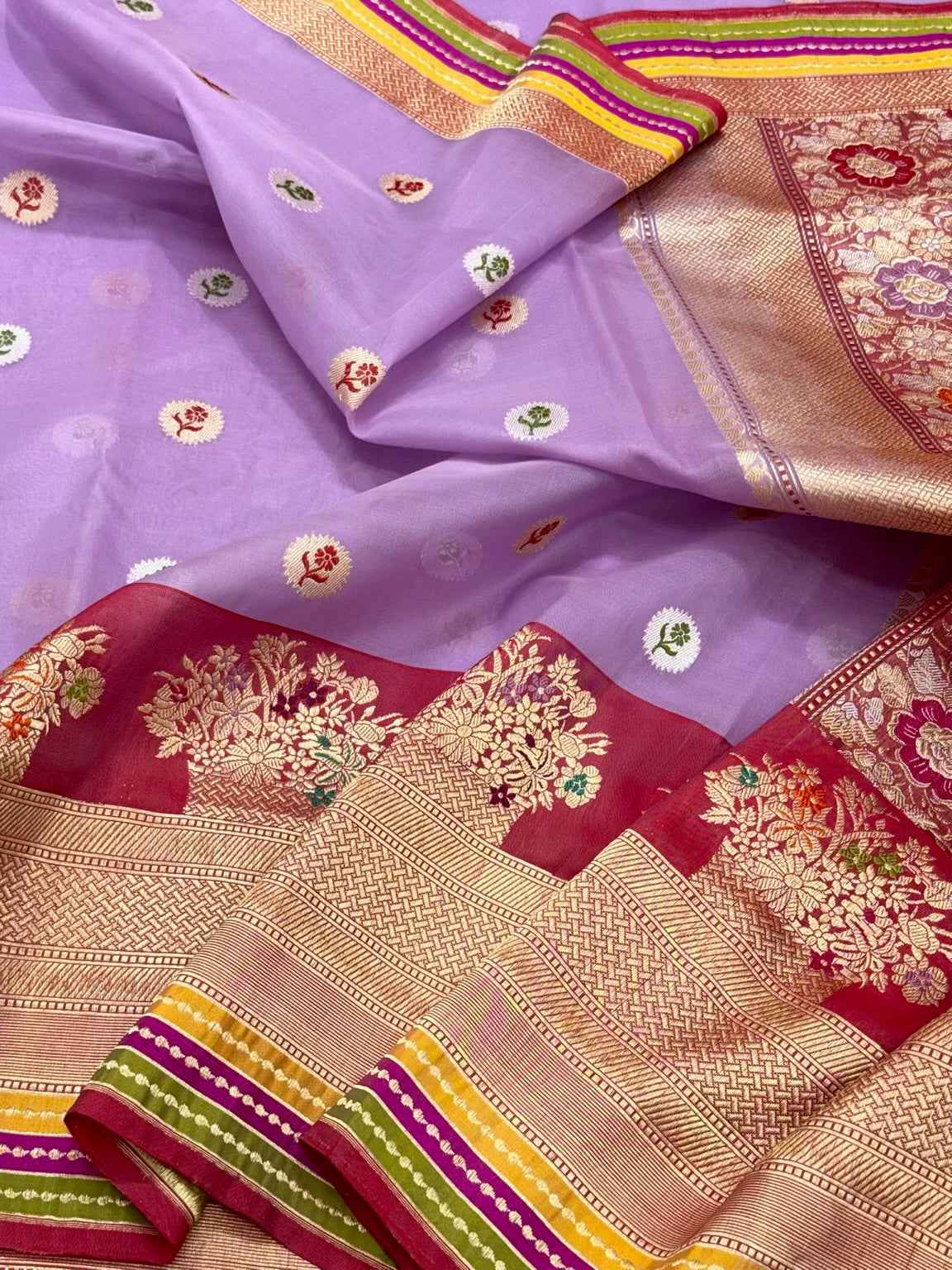 Lavender Pure Mulberry Kora Silk Handwoven | Kadhwa Technique | Authentic Banarasi Saree