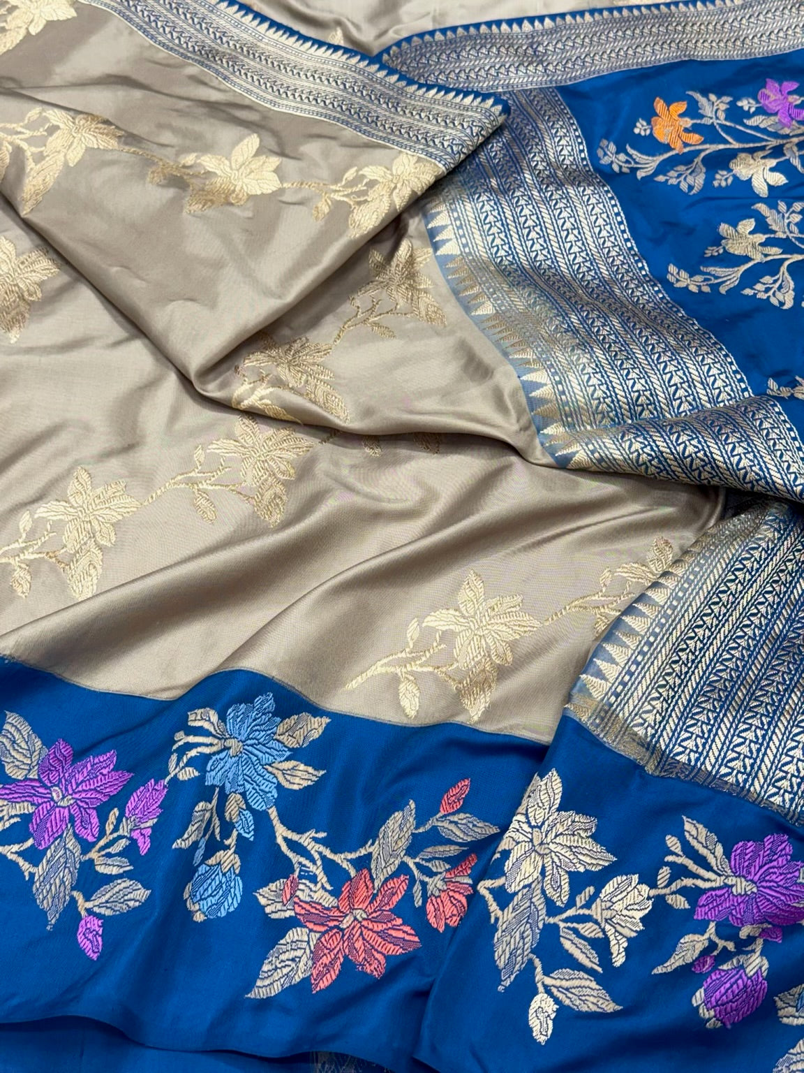 Beige Pure Katan Mulberry Silk saree | Kadhwa Ektara Weave | Banarasi Handwoven Modern Saree
