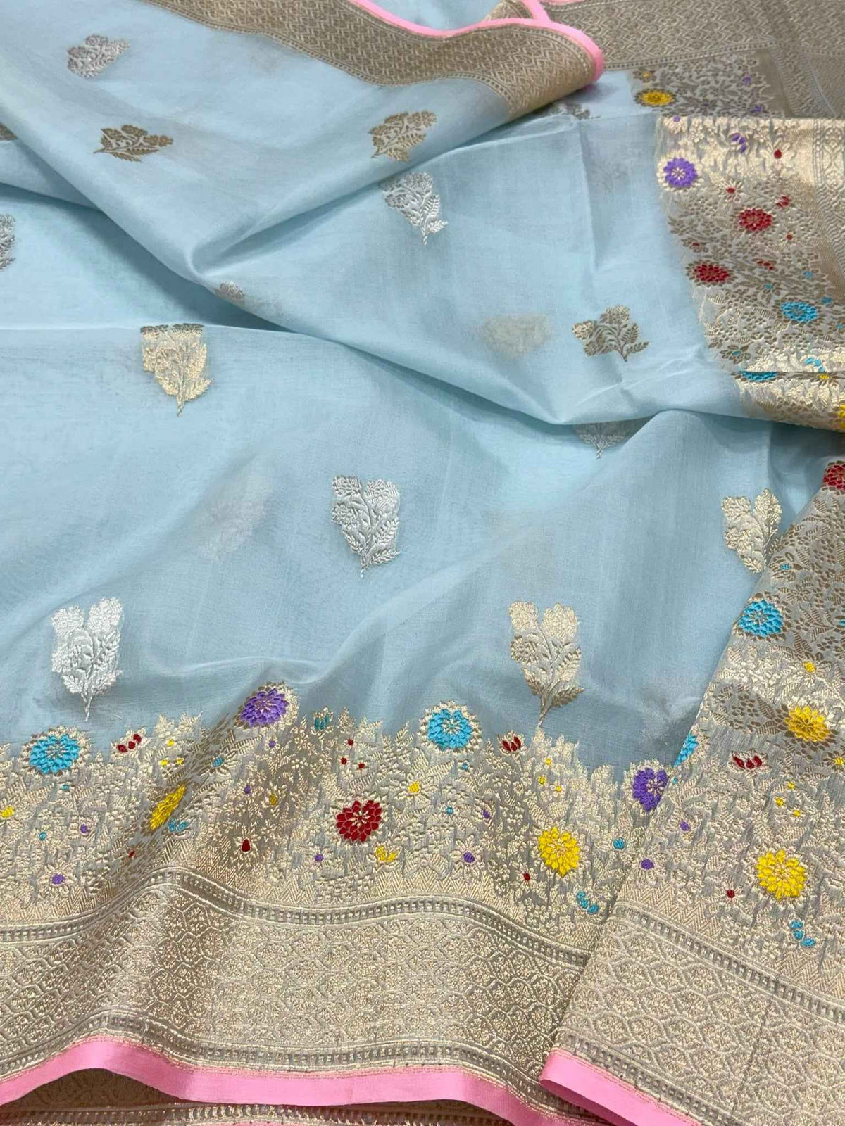 Sky Blue Authentic Banarasi Saree - Pure Kora Mulberry Silk | Kadhwa Technique | Handwoven Timeless Banarasi Saree