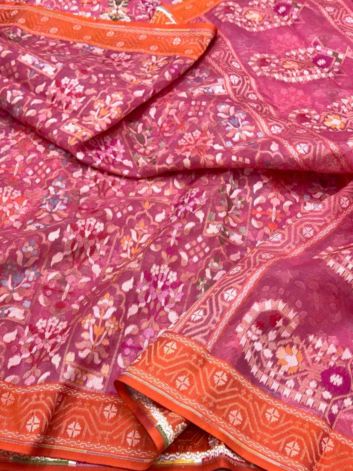 Purple Pure Kora Silk & Pure Mulberry Silk Jamdani Handloom Banarasi Saree