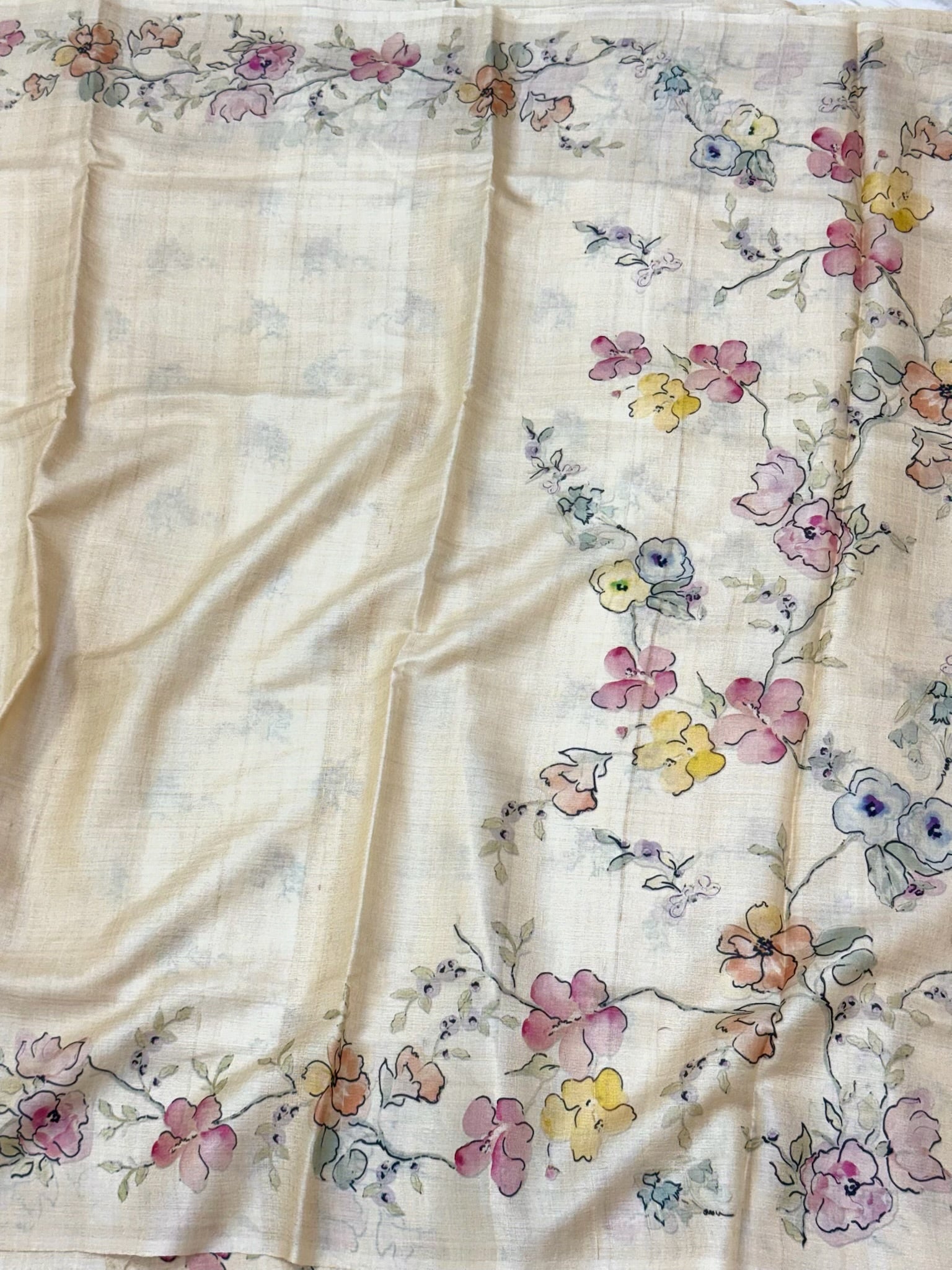 Ivory Pure Tussar Silk Handloom Printed Banarasi Saree - Soft Lightweight Banarasi Saree