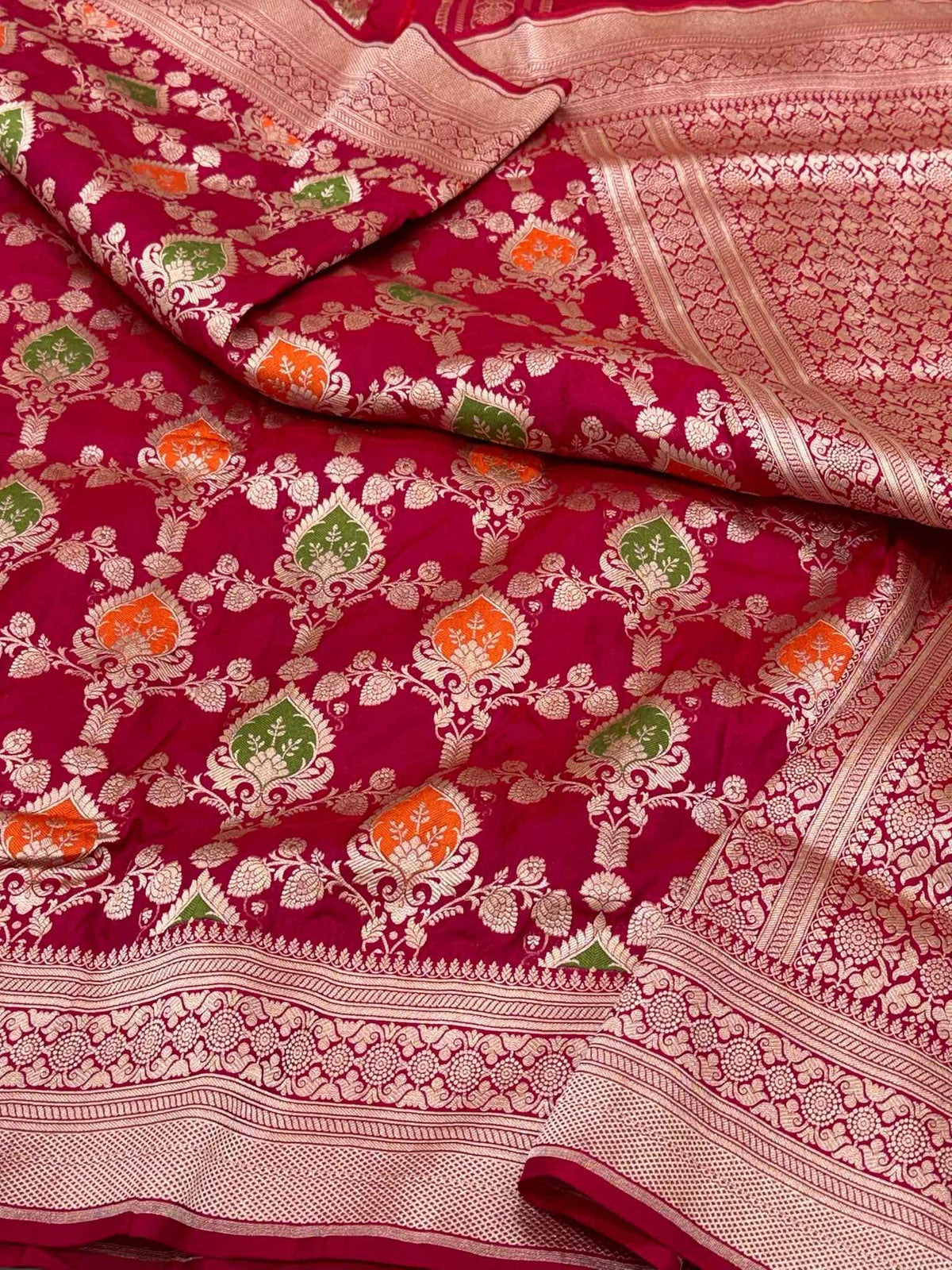 Red Pure Katan Mulberry Silk Handloom Banarasi Meenakari Saree - Modern Jaal