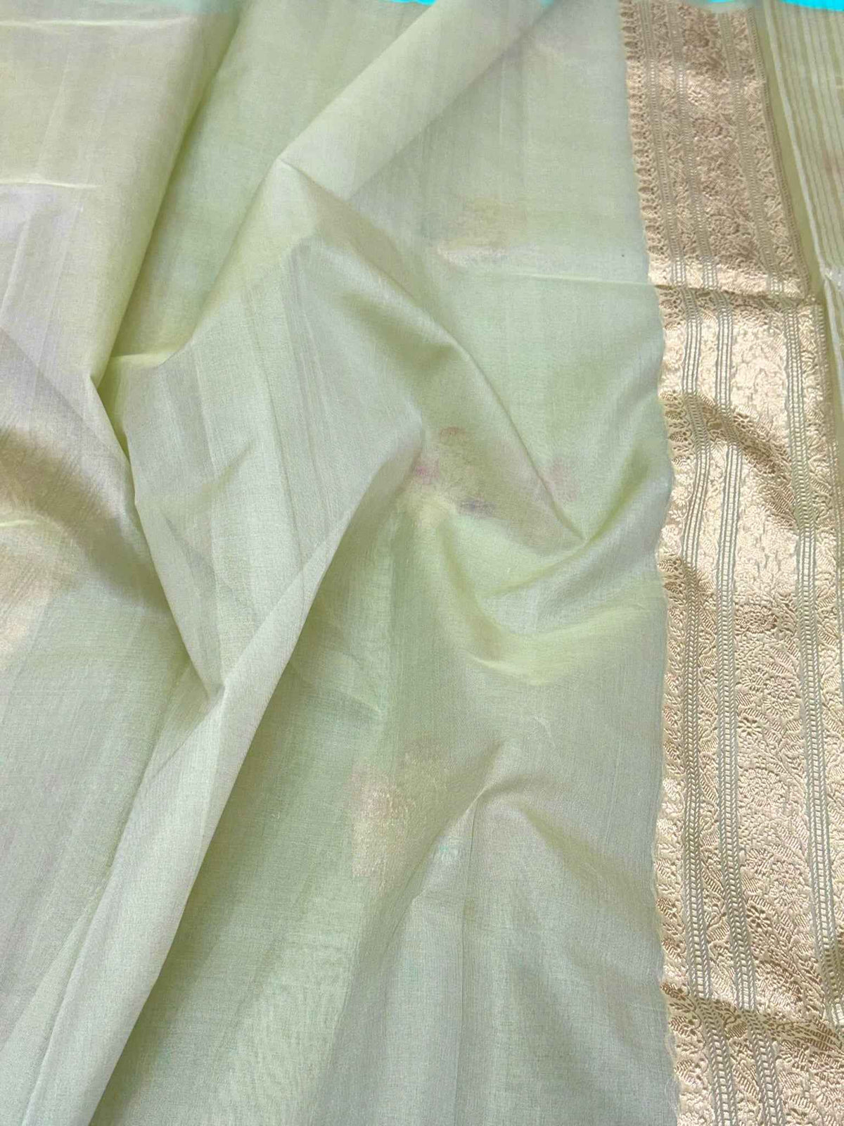 Pista Green Pure Kora Mulberry Silk - Kadhwa Weave | Handwoven Premium Banarasi Lightweight Saree