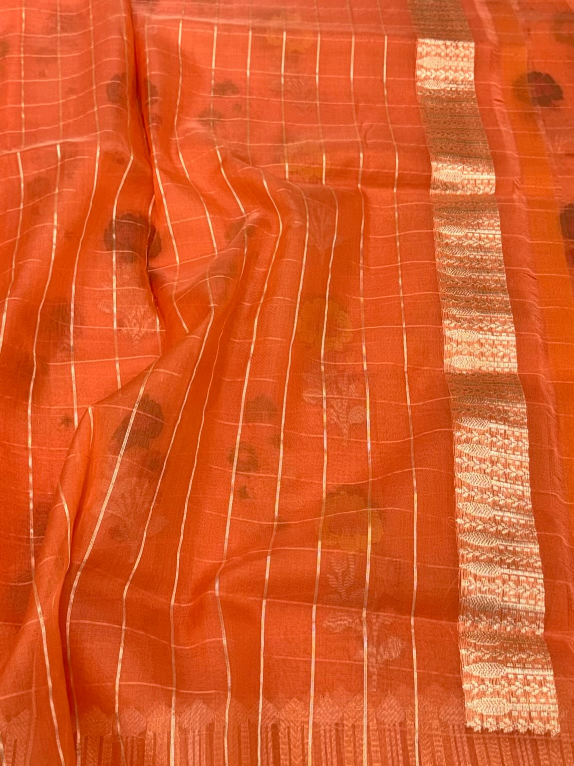 Orange Pure Kora Organza Silk Jamdani | Ektara Technique Handwoven Banarasi Saree