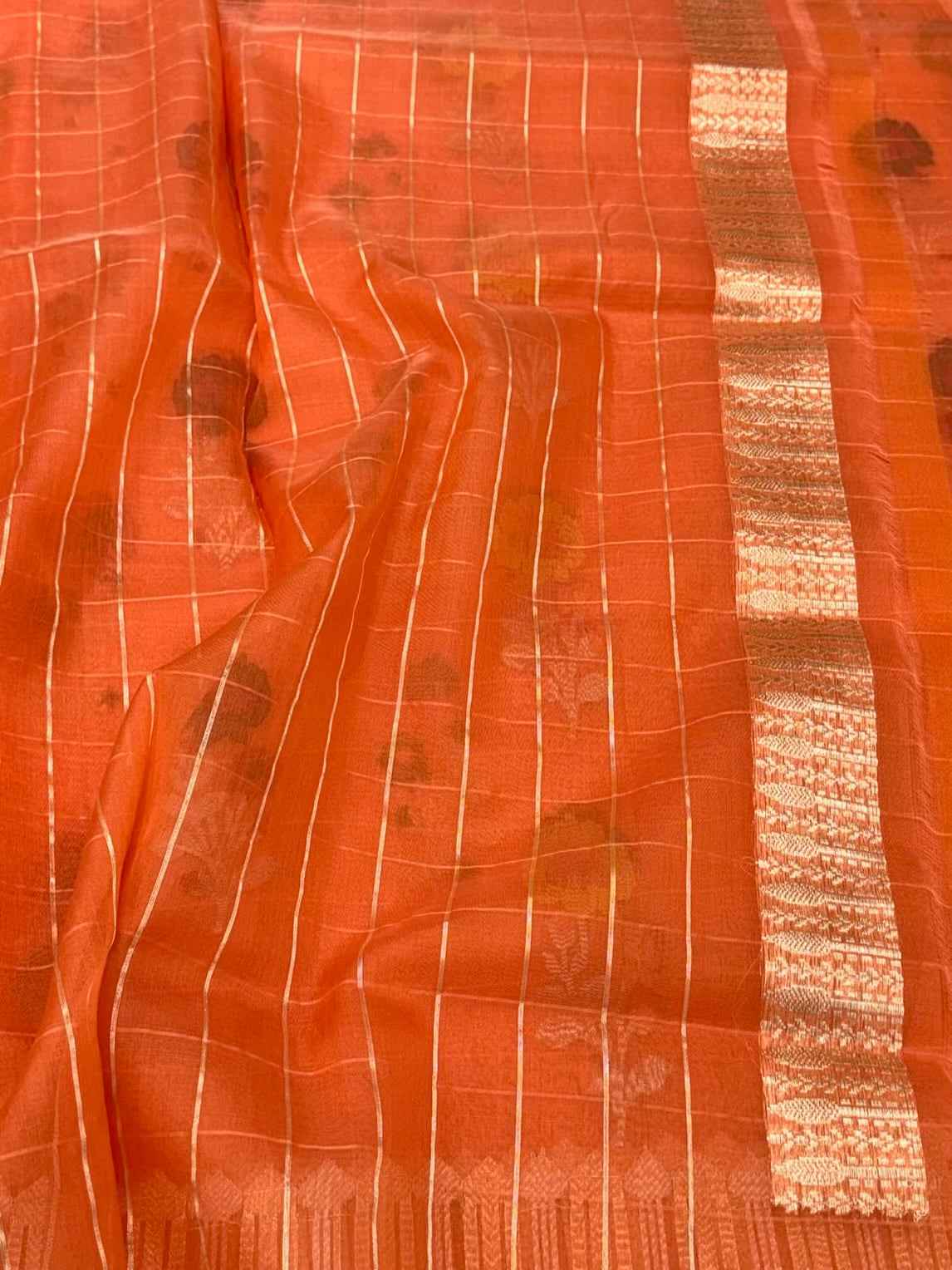 Orange Pure Kora Organza Silk Jamdani | Ektara Technique Handwoven Banarasi Saree