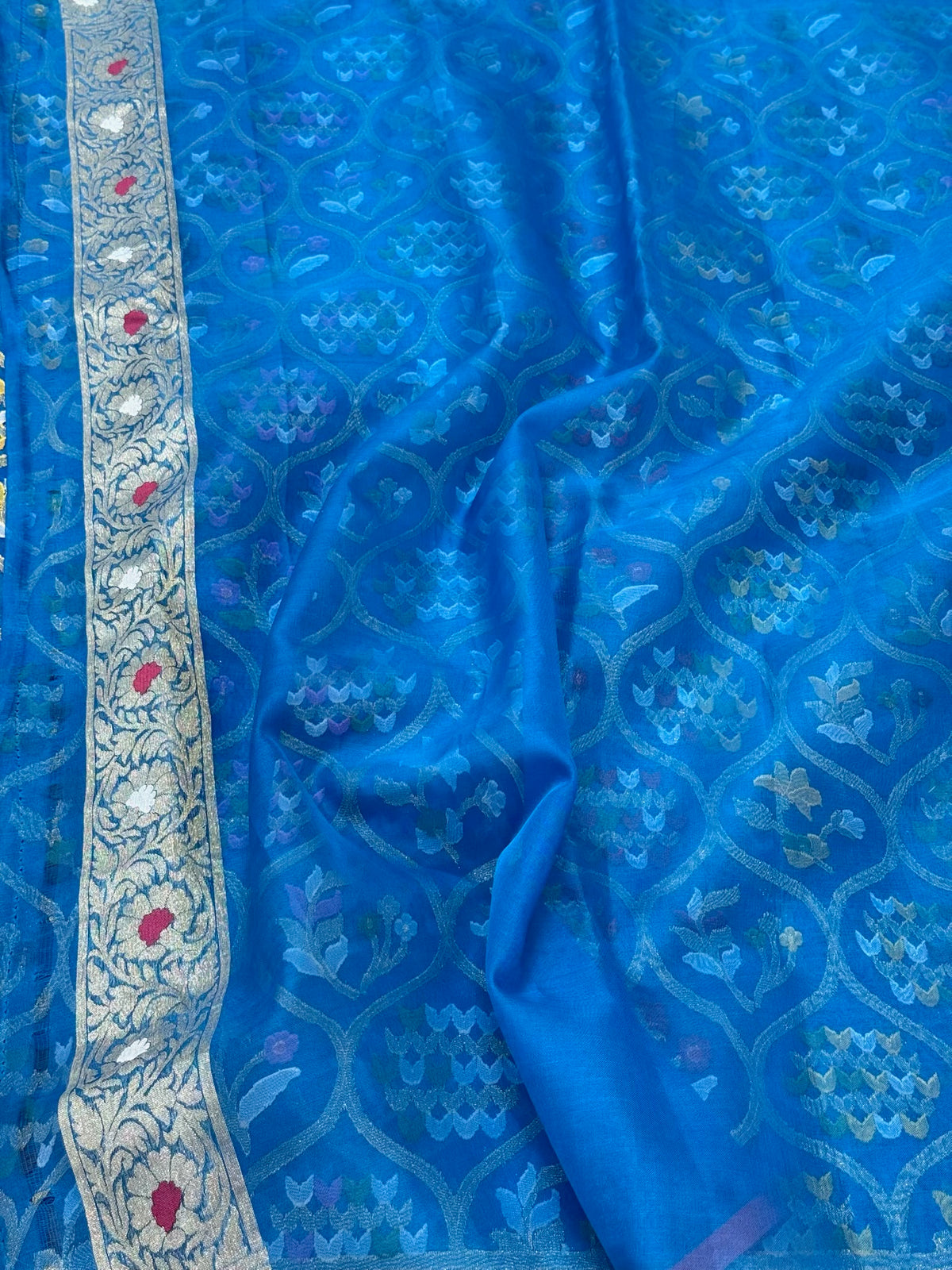 German Blue Pure Kora Mulberry Silk | Jamdani + Ektara Technique | Handloom Banarasi Lightweight Saree