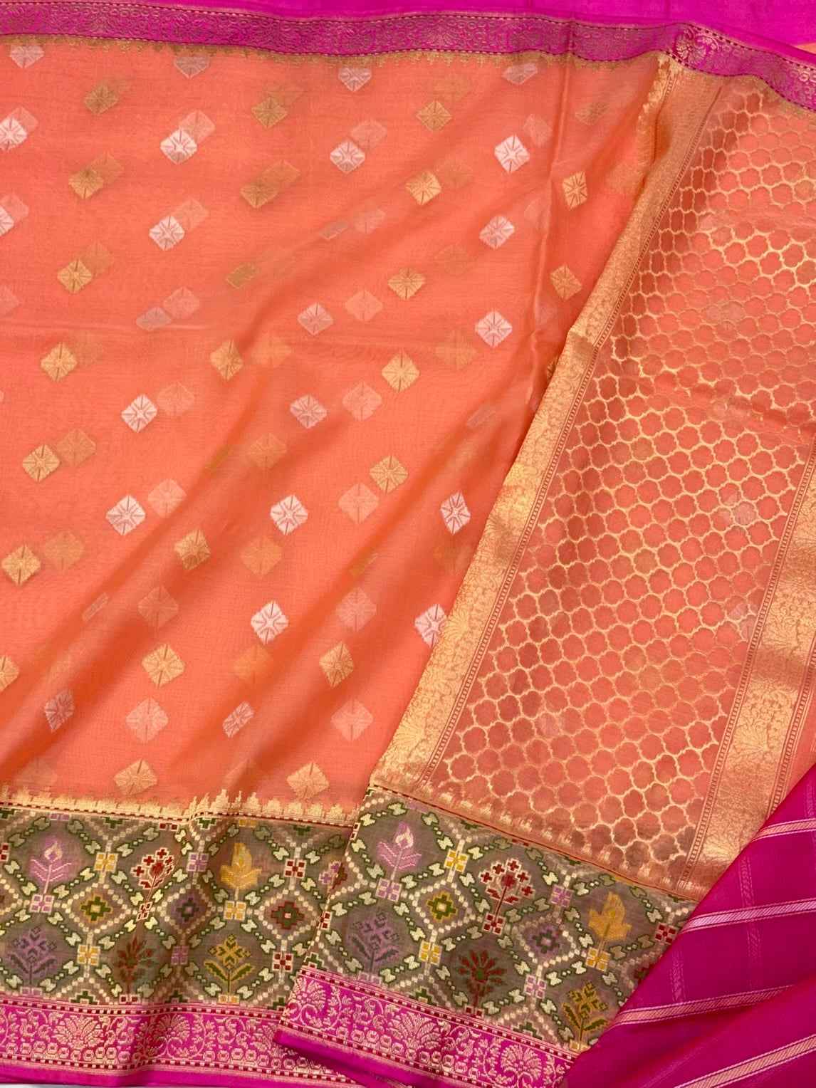 Peach Orange Pure Kora Silk Handwoven Banarasi Saree - Pure Mulberry Silk Patola Touch Saree