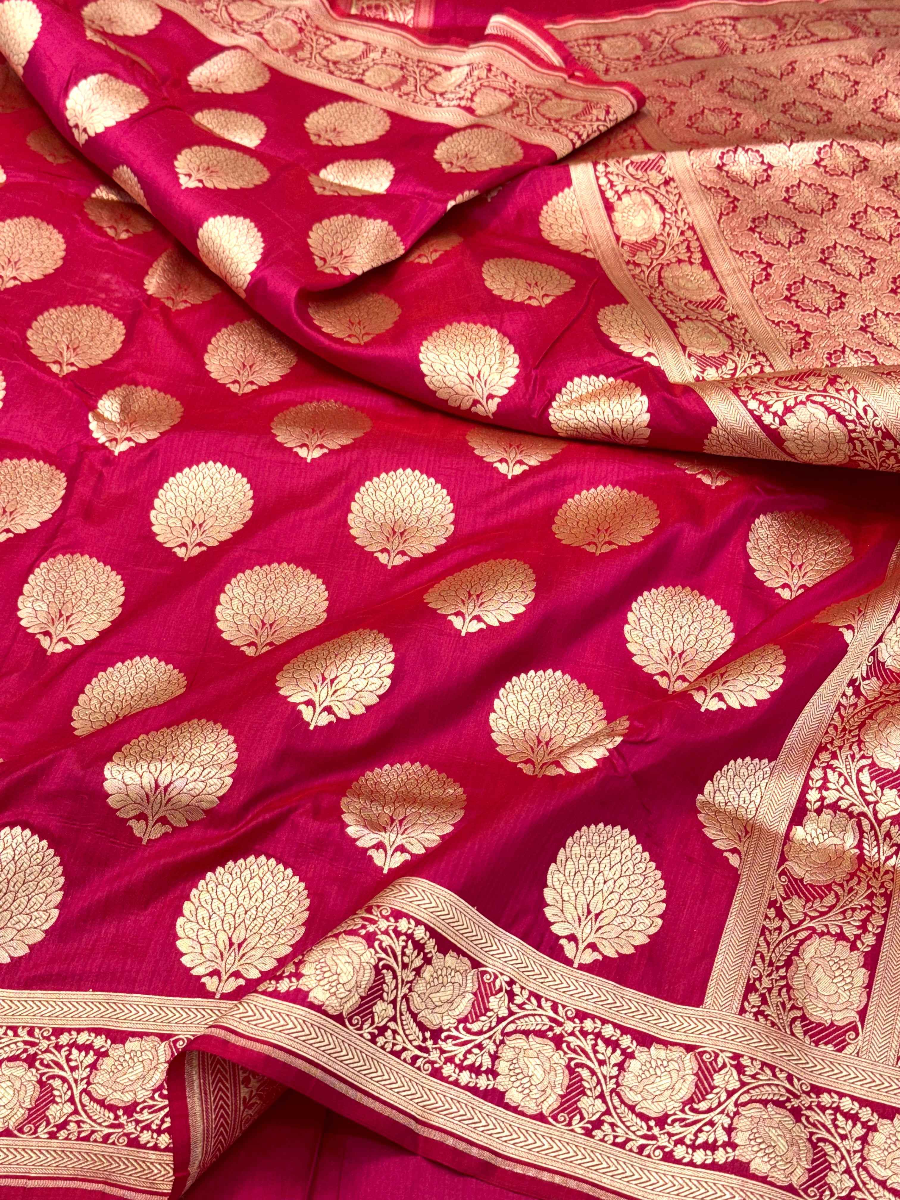Wine Pure Katan Mulberry Silk Handwoven Modern Banarasi Saree With Kadhwa Artistry