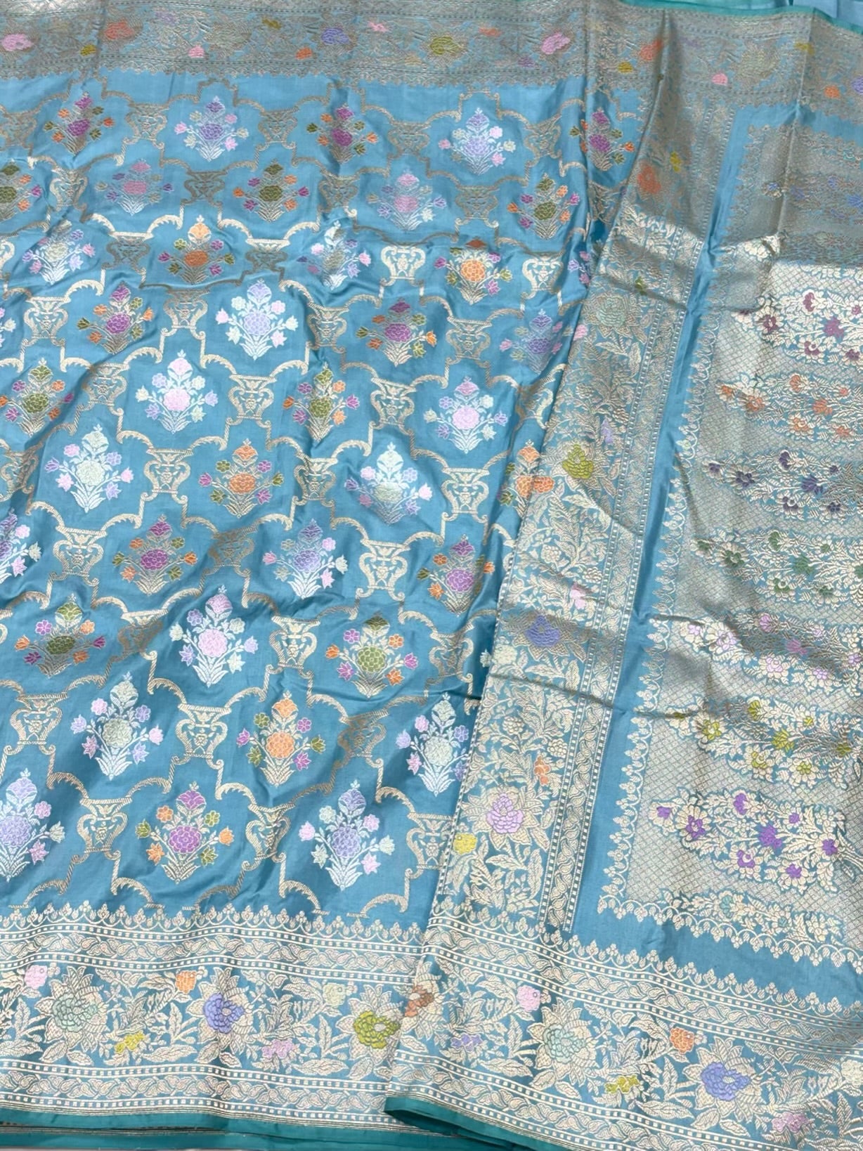 Sky Blue Pure Mulberry Double Katan Silk | Kadhwa Weave | Handwoven Premium Modern Banarasi Saree - Persian Jaal