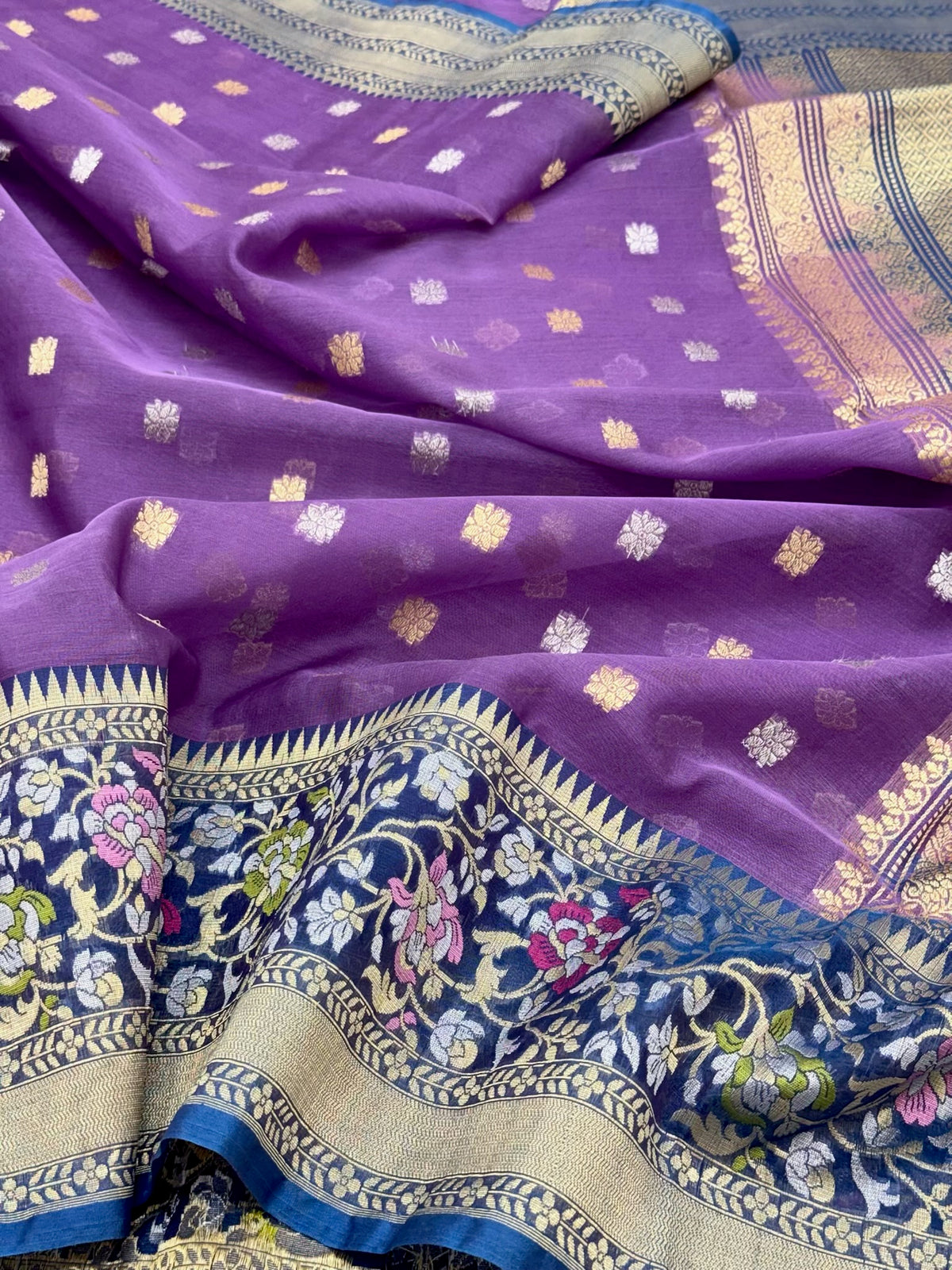 Violet Pure Mulberry Kora Silk Handwoven Banarasi Saree - Modern Drape Lightweight Banarasi Saree