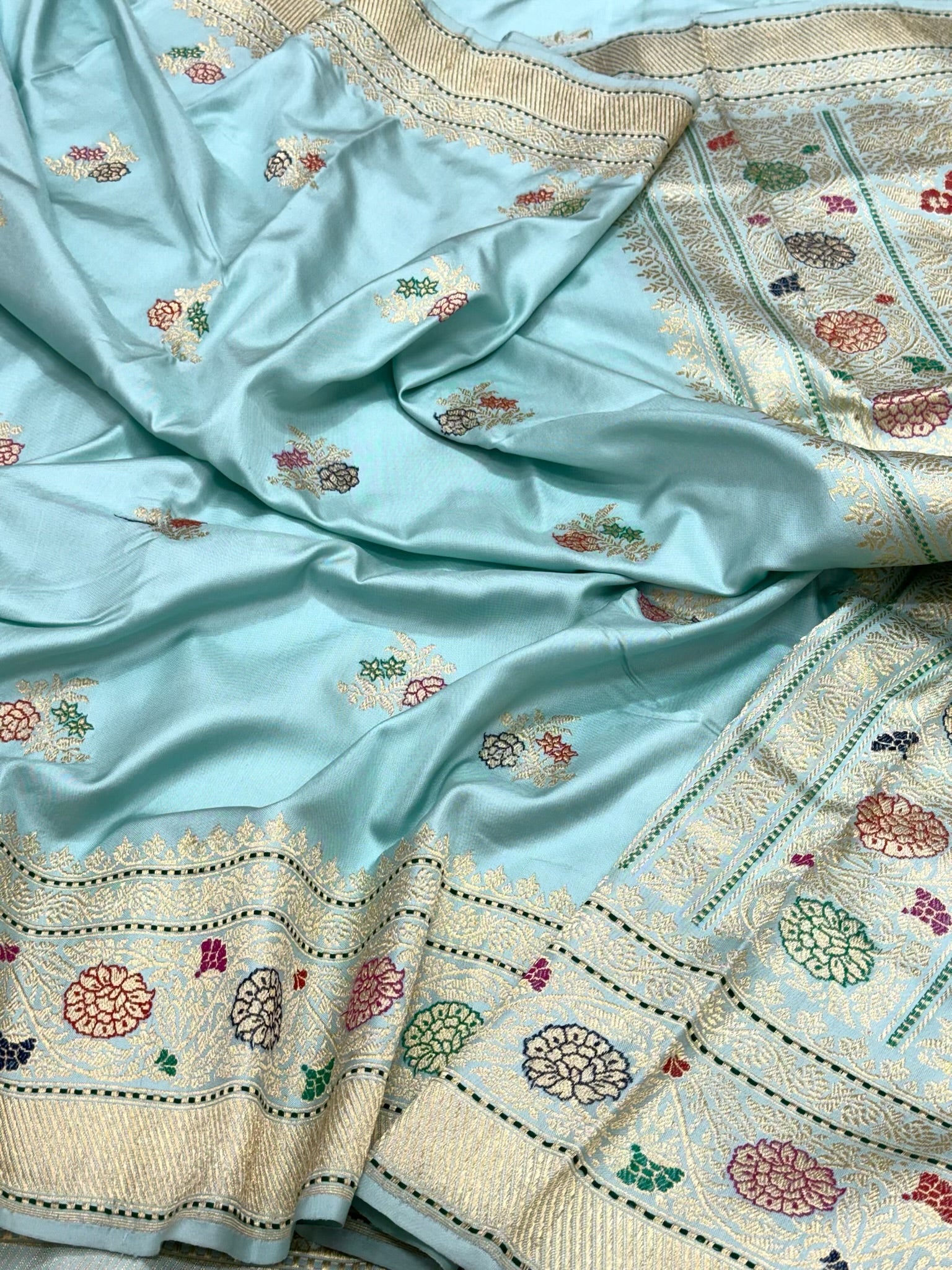 Sky Blue Pure Mulberry Katan Silk Handwoven Banarasi Saree - Kadhwa Ektara Weave