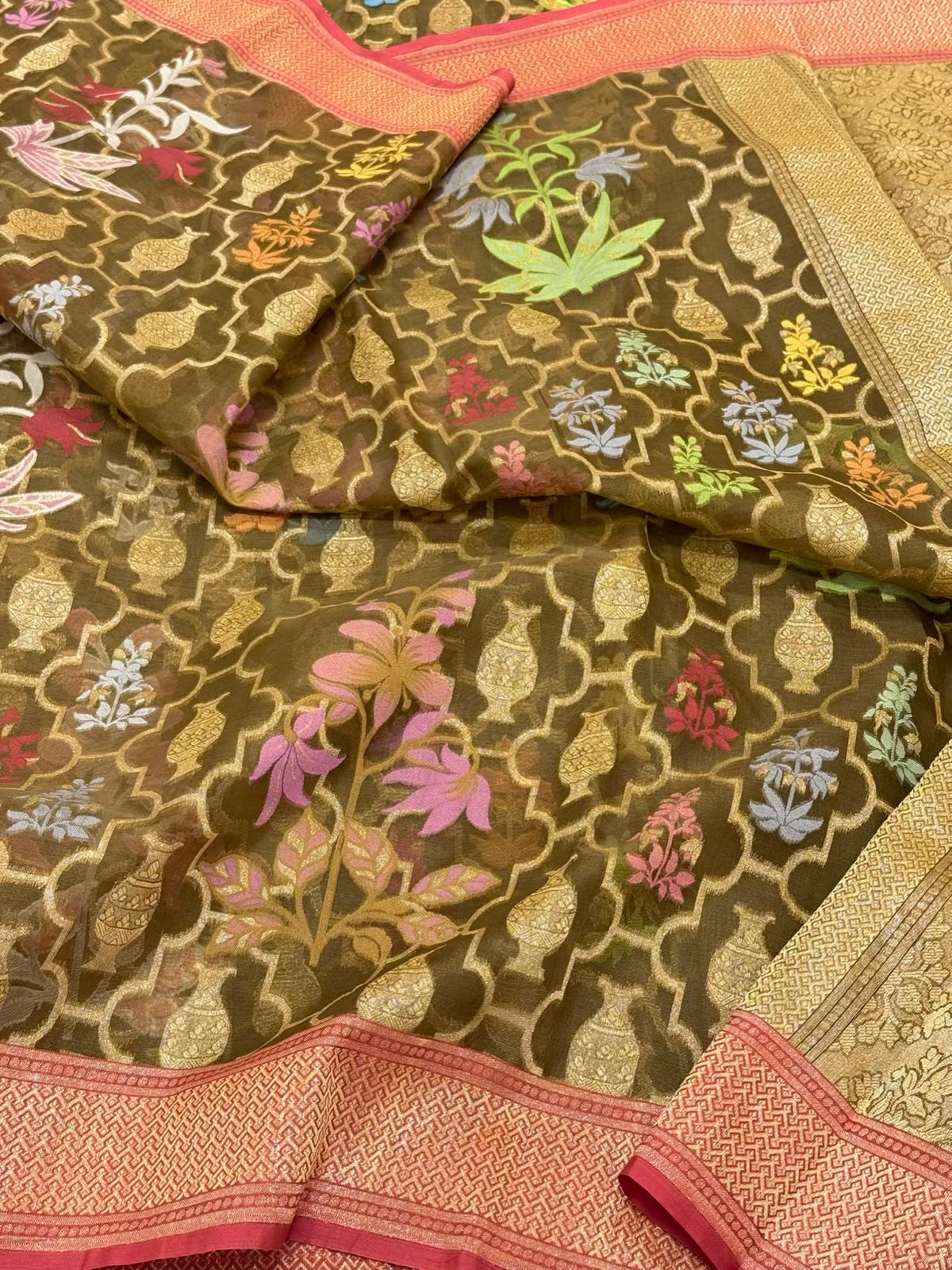 Brown Pure Kora Mulberry Silk Handloom Ektara Jamdani Banarasi Saree - Lightweight Breathable Saree