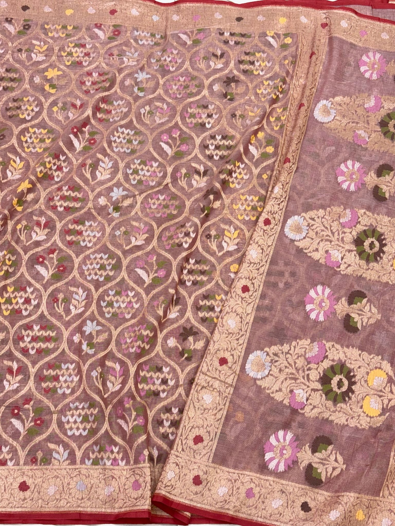 Mauve Pink Pure Muslin Cotton Jamdani Ektara Handloom Banarasi Saree