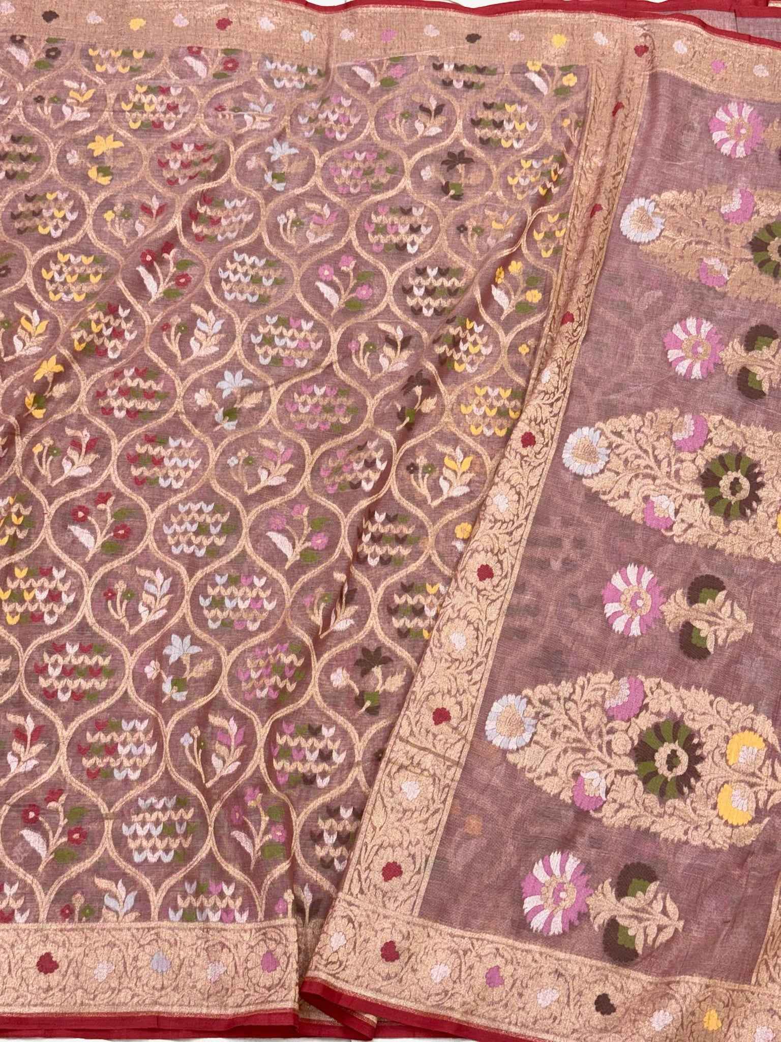 Mauve Pink Pure Muslin Cotton Jamdani Ektara Handloom Banarasi Saree