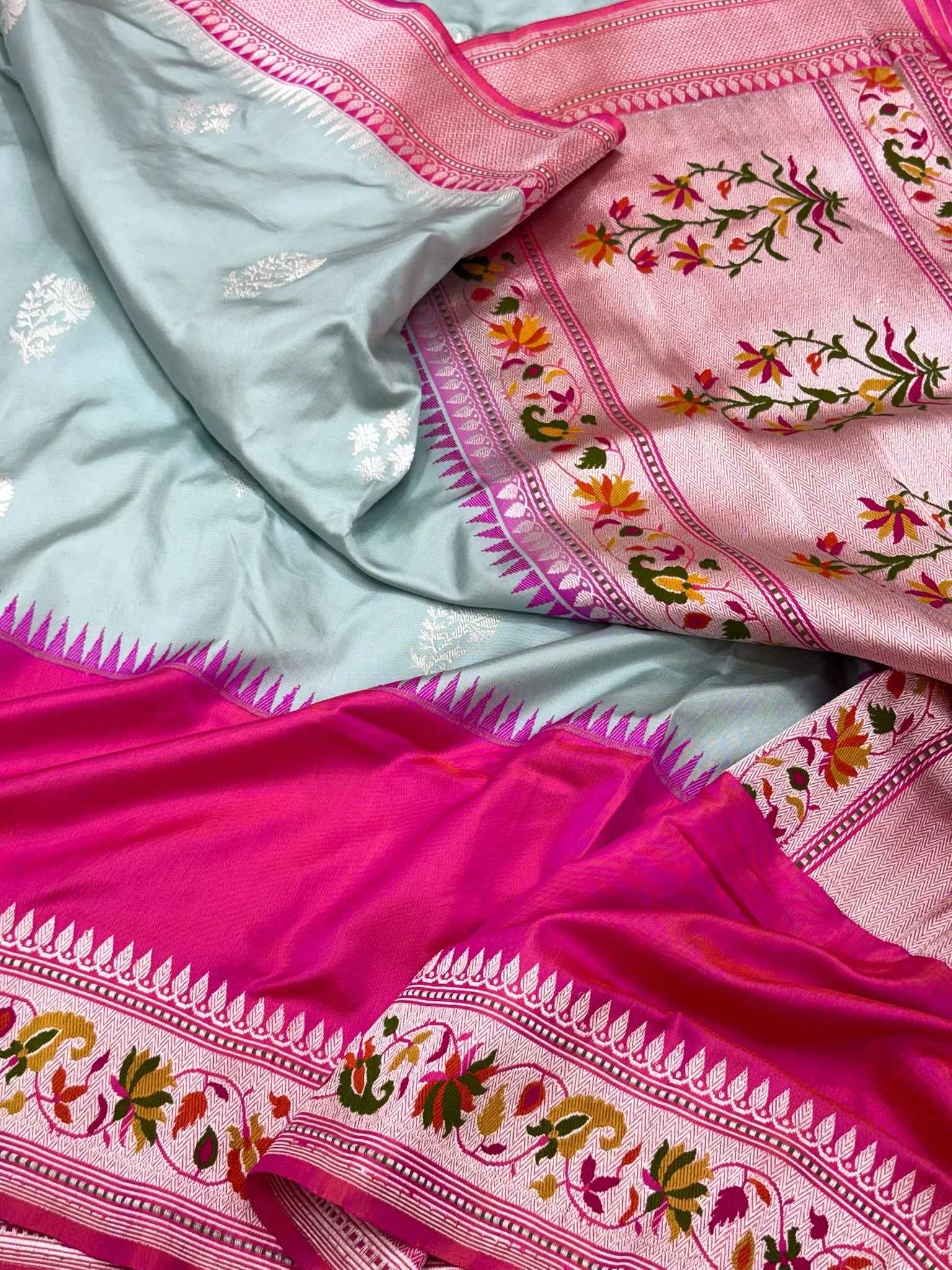 Powder Blue Exclusive Modern Banarasi Saree - Pure Mulberry Katan Silk | Kadhwa Ektara Weave Handwoven Saree