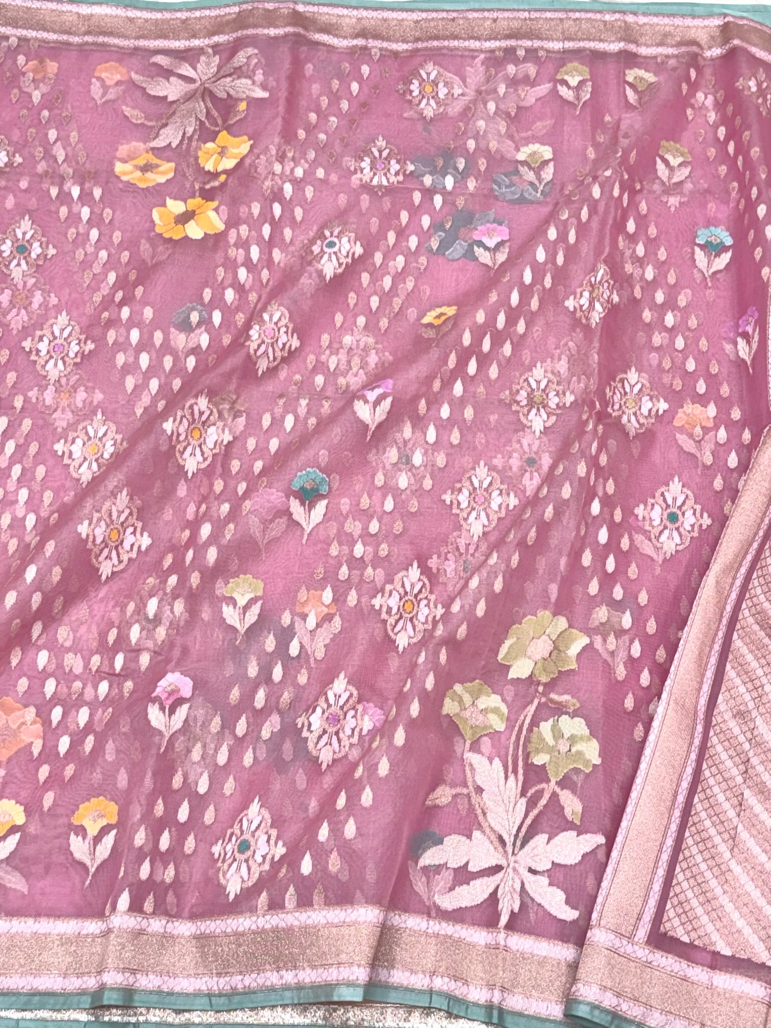 Powder Pink Pure Mulberry Kora ( Organza ) Silk Ektara Jamdani Handloom Contemporary Banarasi Lightweight Saree