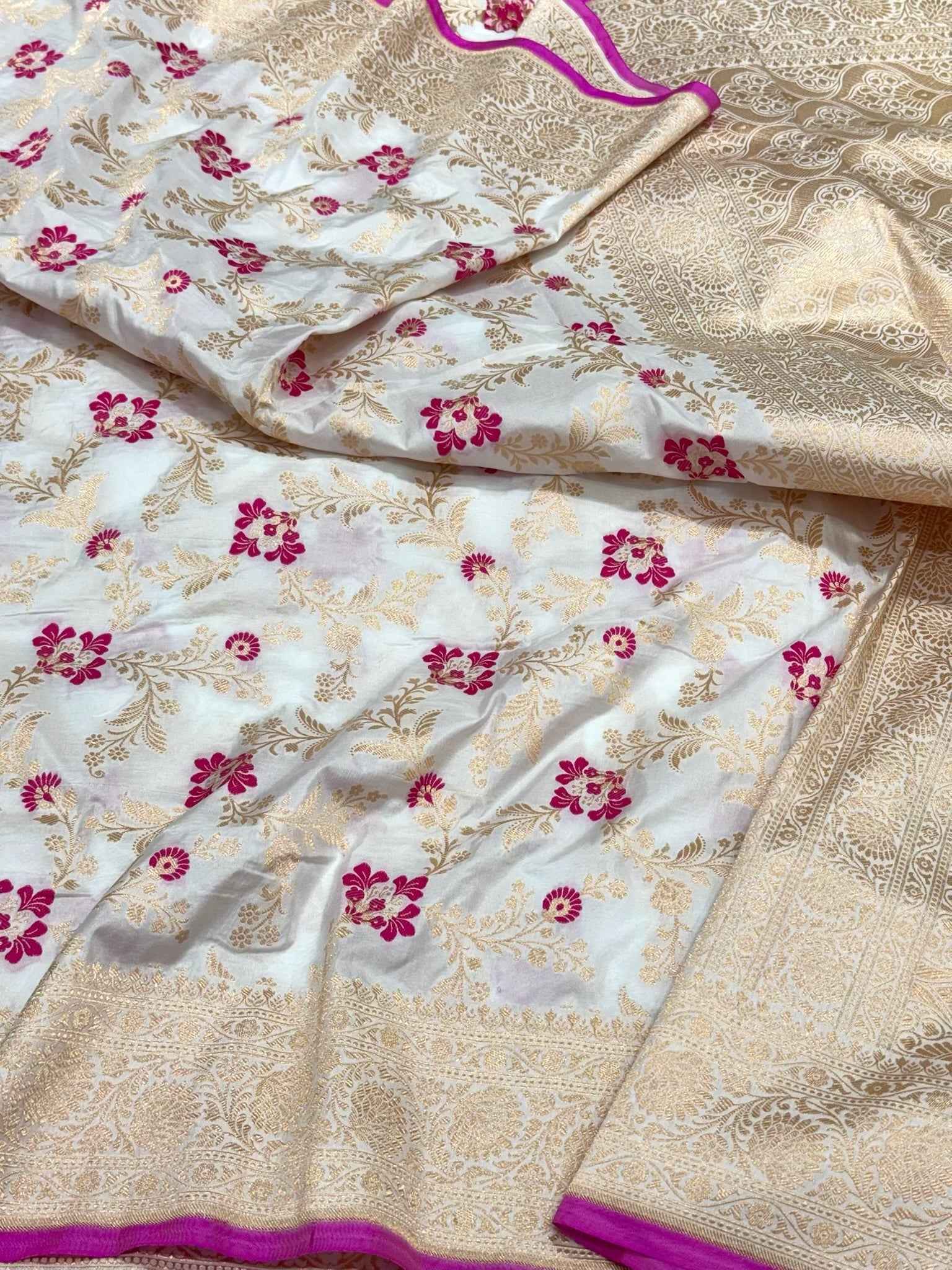 Pearl White Handloom Banarasi Saree with Pure Katan Mulberry Silk