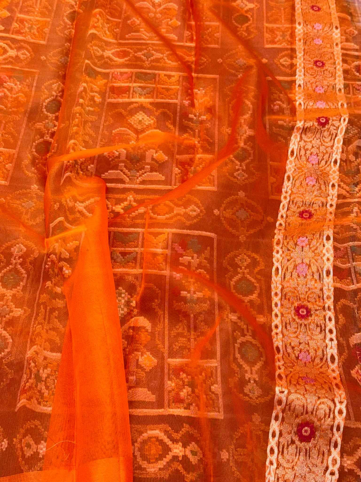 Elephant Gray Pure Mulberry Kora Organza Silk Ektara Jamdani Handloom Banarasi Saree - Contemporary Gharchola Heritage