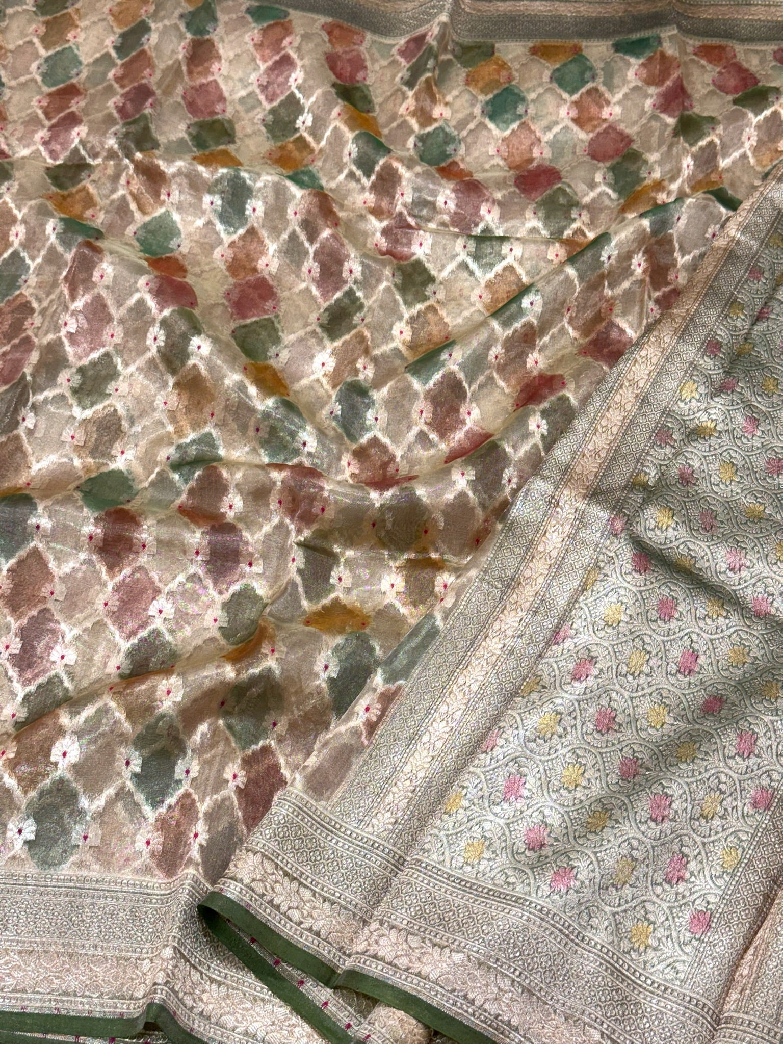 Green Pure Mulberry Tissue Silk Handloom Banarasi Saree |Ektara Weave|