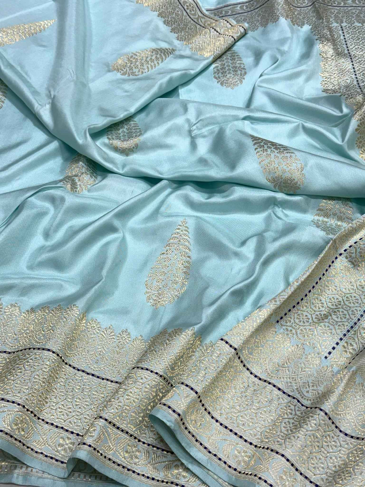 Sky Blue Pure Mulberry Katan Silk Handwoven Banarasi Saree - Kadhwa Weave