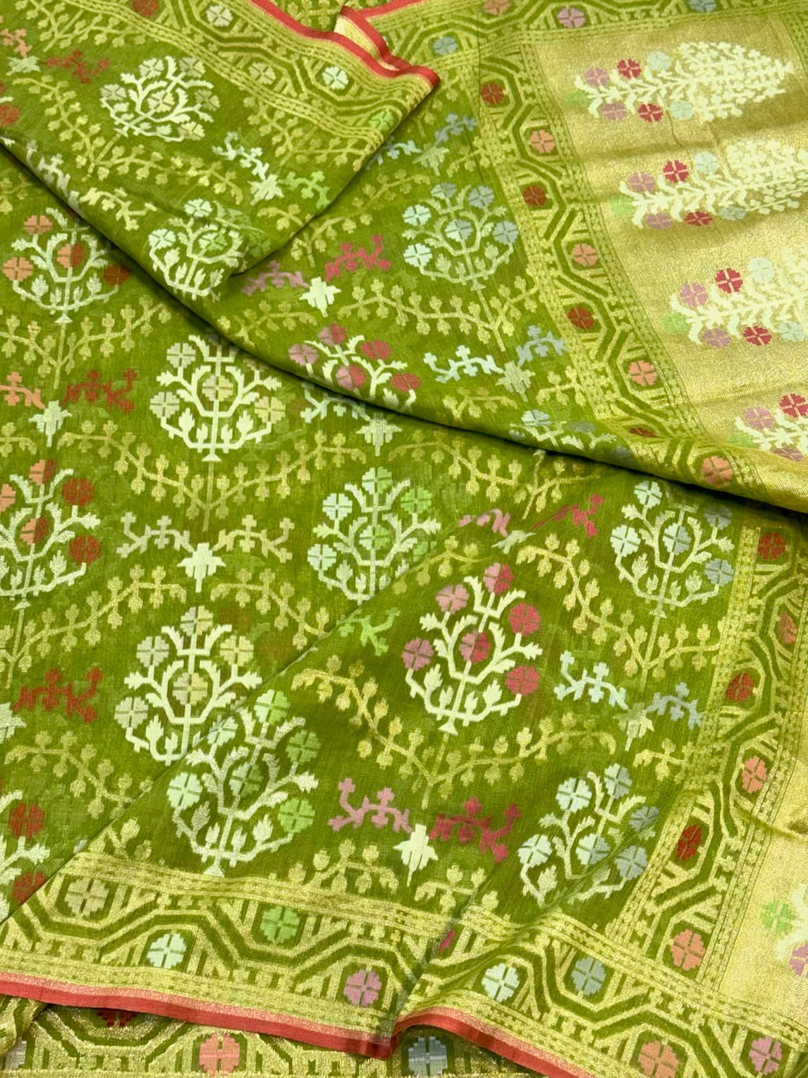 Green Pure Muslin Cotton Jamdani Handloom Banarasi Saree |Ektara Weave|