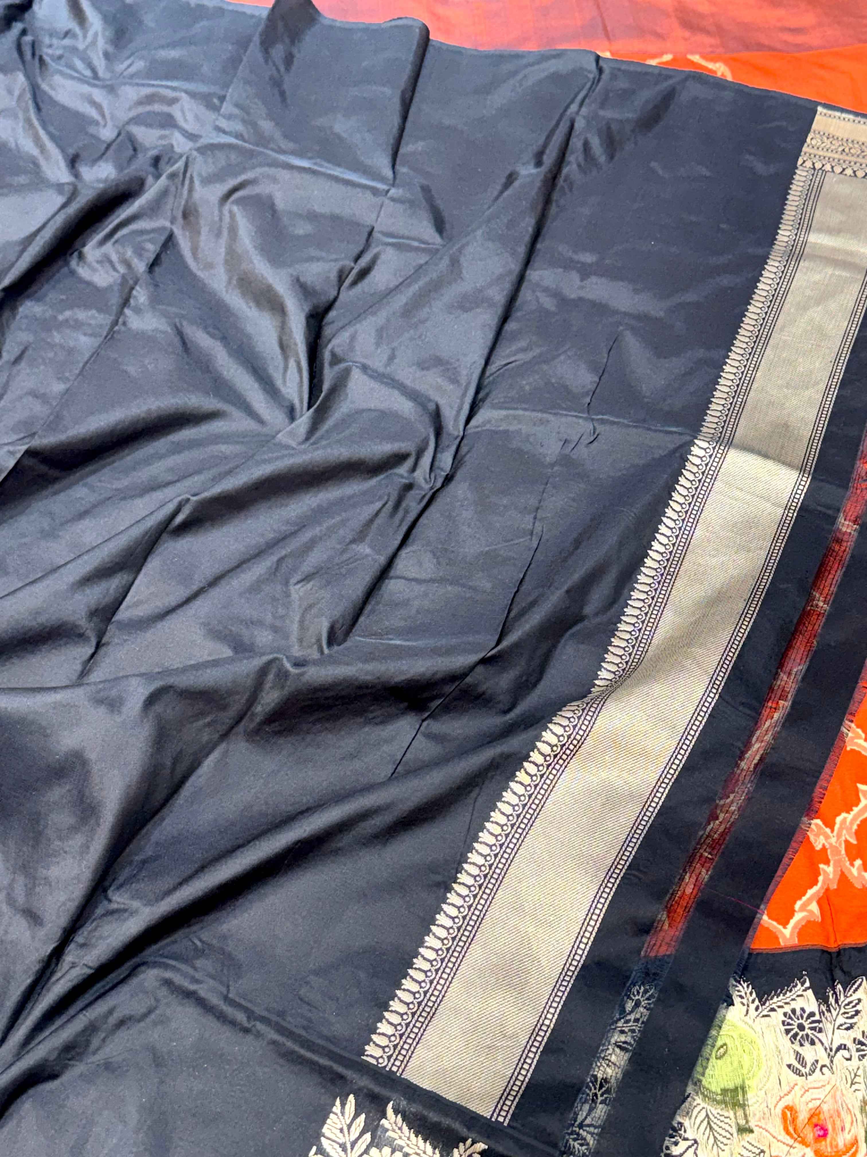 Orange/Black Pure Mulberry Katan Silk Handwoven Banarasi Saree