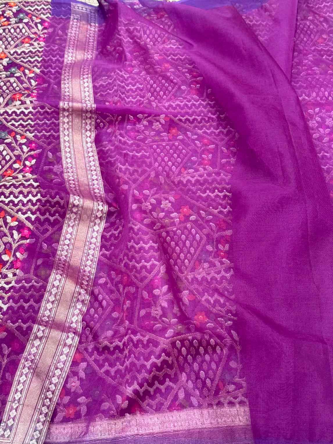 Magenta/Purple Pure Kora Silk Saree Ektara weave | Pure Mulberry Silk Handwoven Banarasi Saree