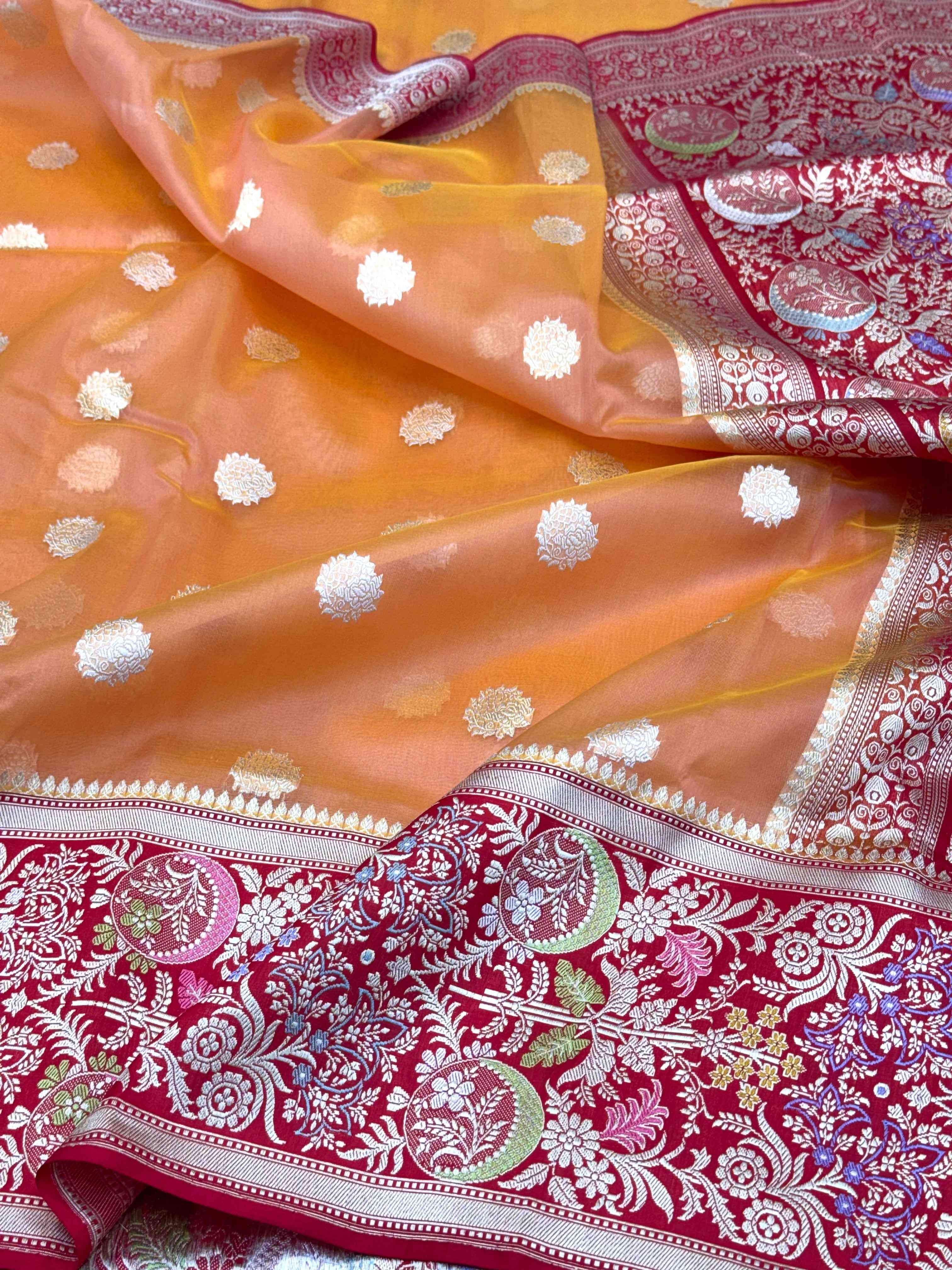 Peach/Red Pure Kora Silk Handwoven Banarasi Saree