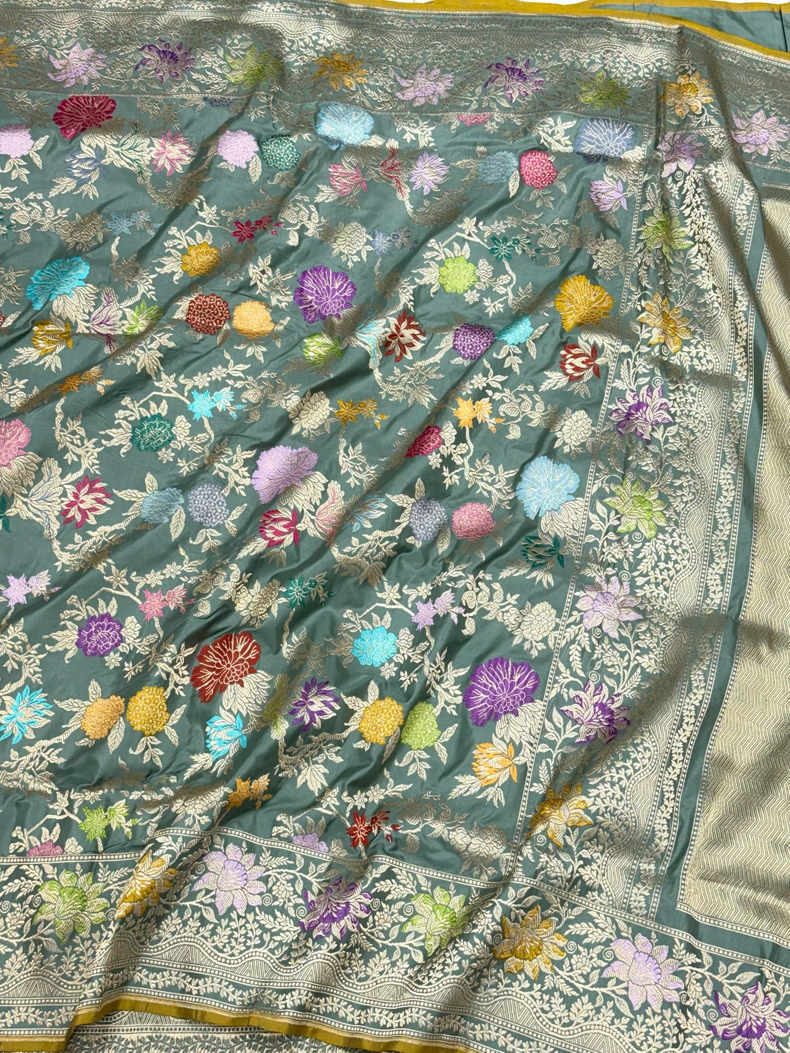 Dusty Sea Green Exclusive Premium Banarasi Luxury Saree | Pure Double Katan Mulberry Silk - Kadhwa Technique ( Handwoven ) Banarasi Saree