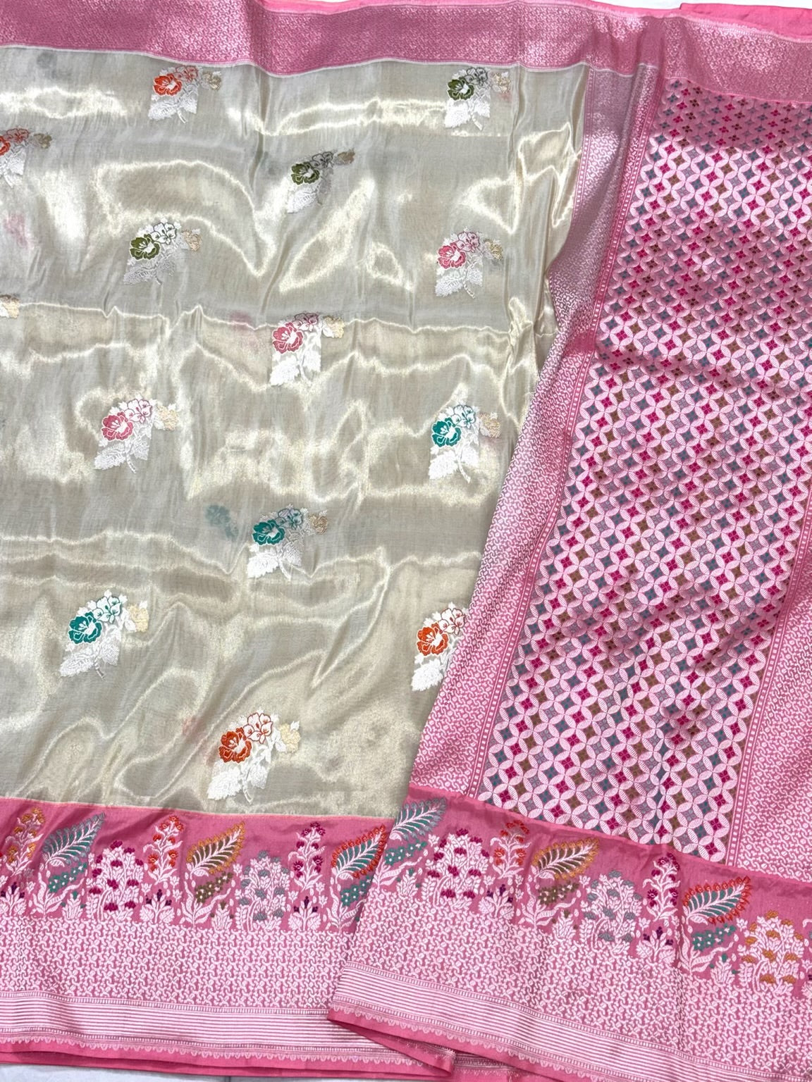 Natural Ivory 100% Pure Katan Tissue Silk Kadhwa + Kadhiyal Banarasi Saree