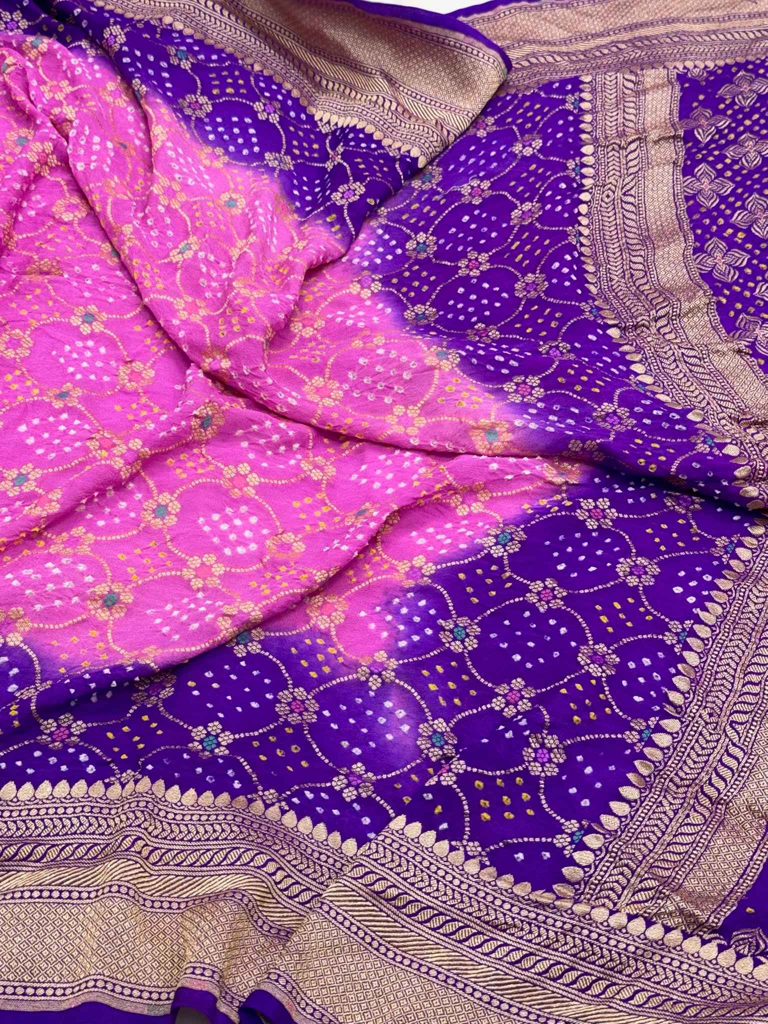 Purple/Pink Pure Chiffone Georgette Handloom Bandhej Banarasi Saree - Lightweight Soft Saree
