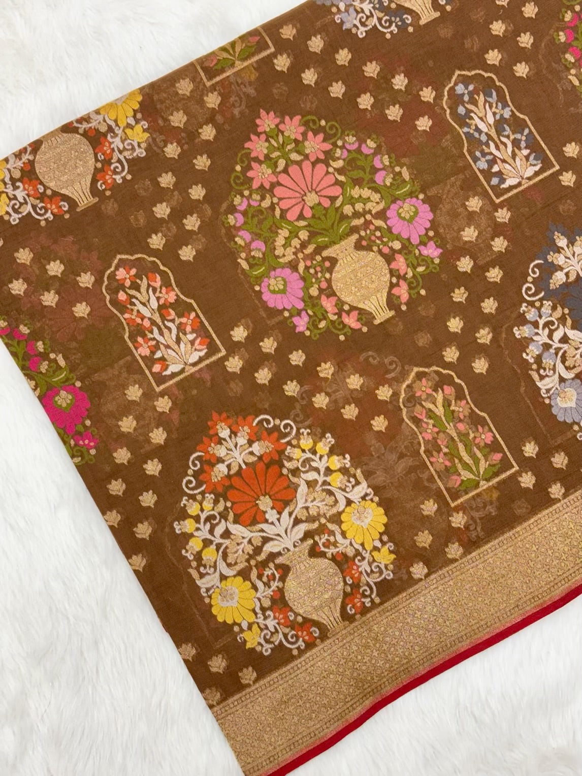 Brown Pure Muslin Cotton Jamdani handloom Banarasi Saree |Ektara Weave|