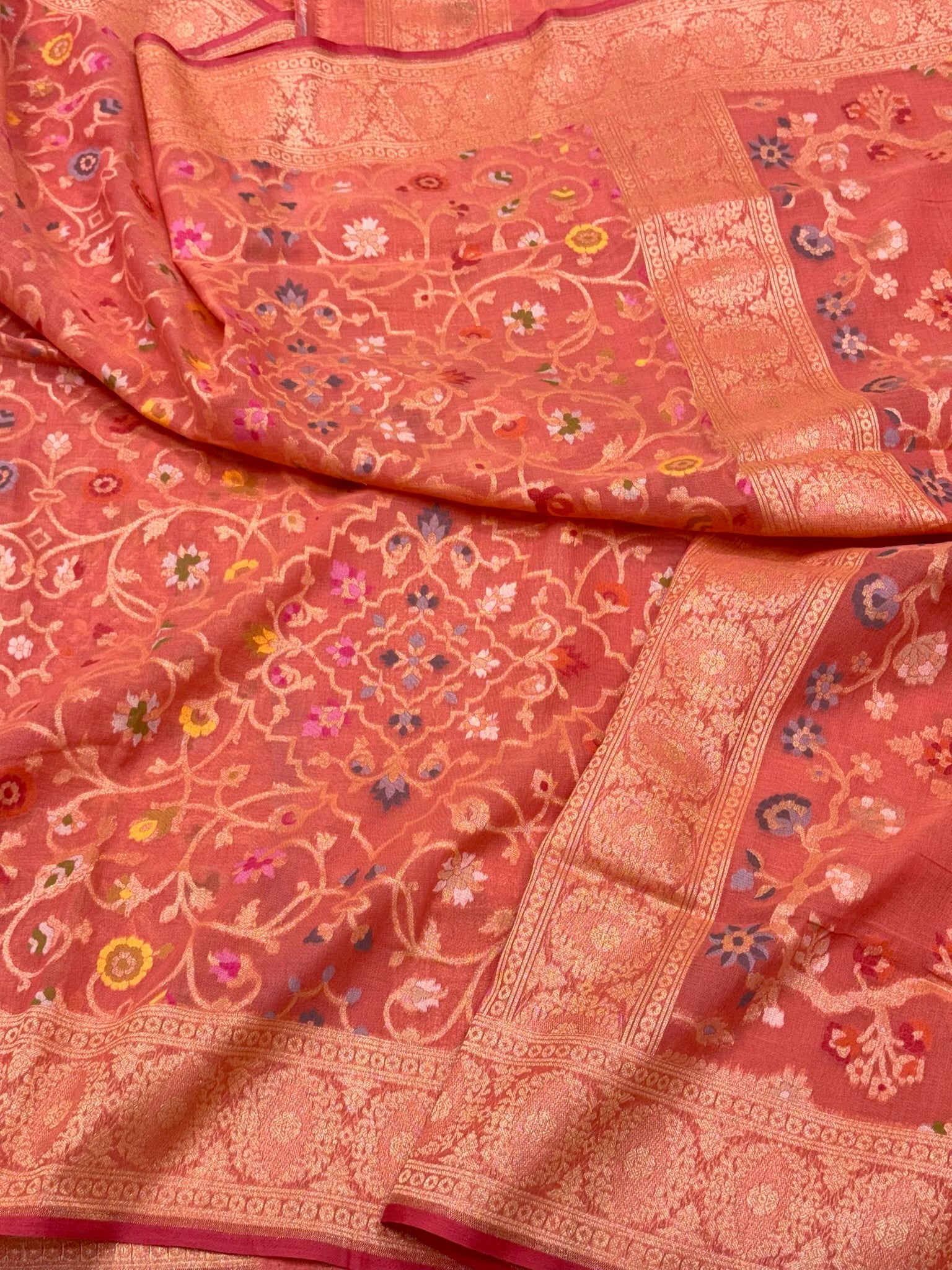 Neon Orange Pure Muslin Cotton Jamdani Handloom Banarasi Ektara Saree