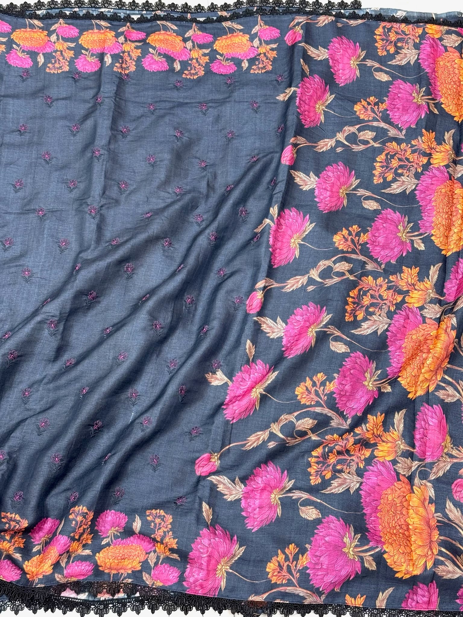 Dusty Blue Grey Pure Tussar Silk Handloom Printed with Embroidery Banarasi Saree - Soft Lightweight Banarasi Saree