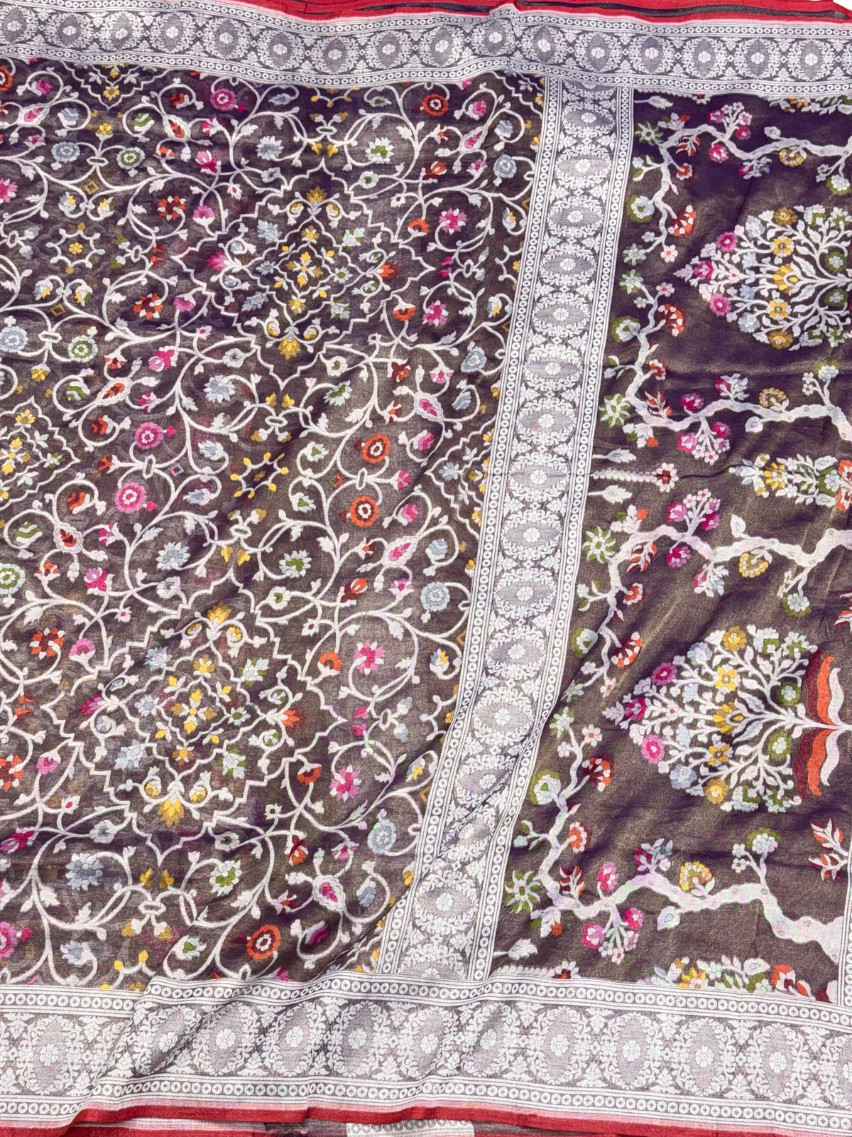 Dark Berry Purple Pure Cotton Tissue Jamdani Handloom Banarasi Saree | Ektara Weave