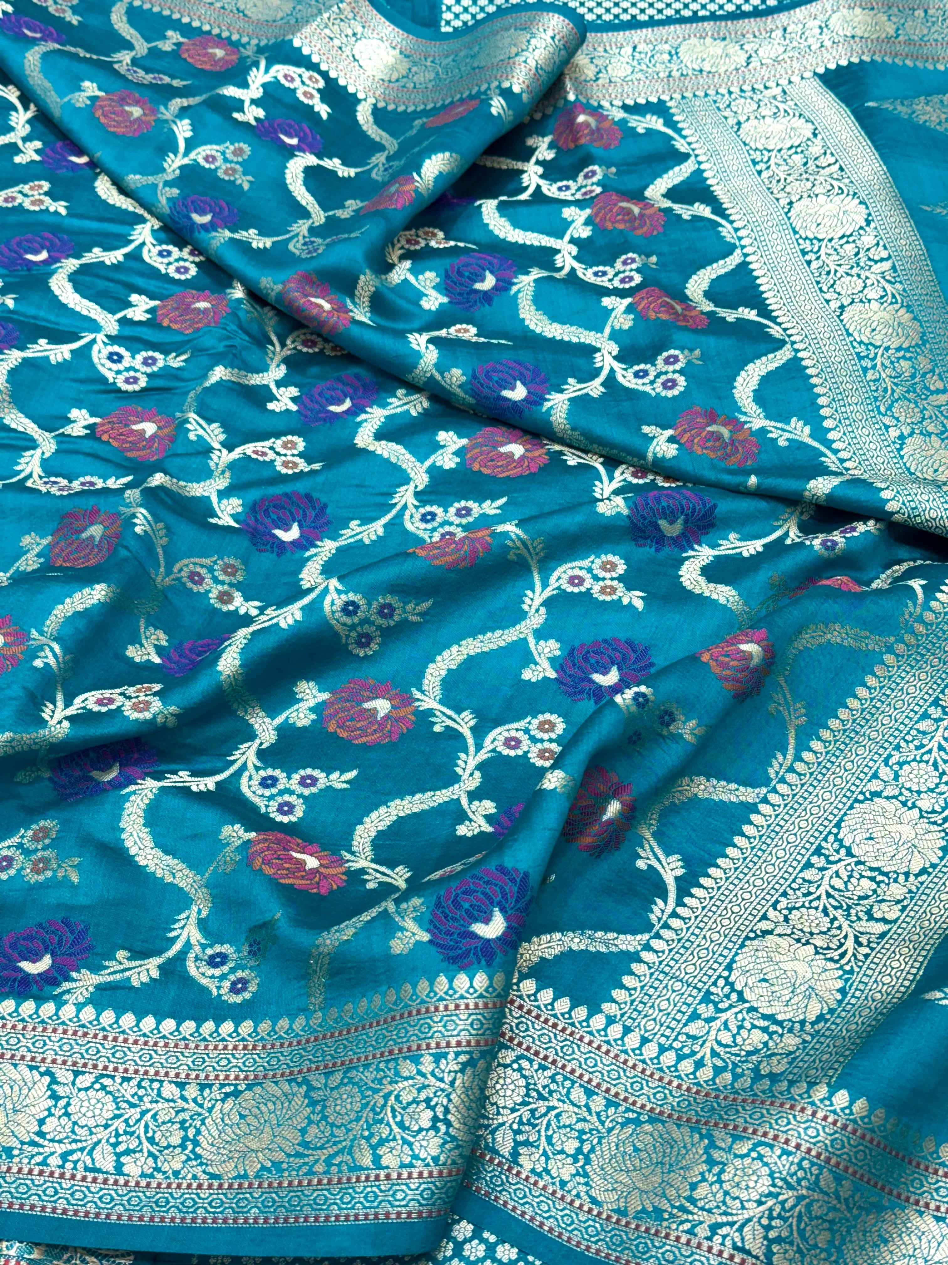 Teal Green Pure Mulberry Chiniya Silk Meenakari Banarasi Saree- Lightweight