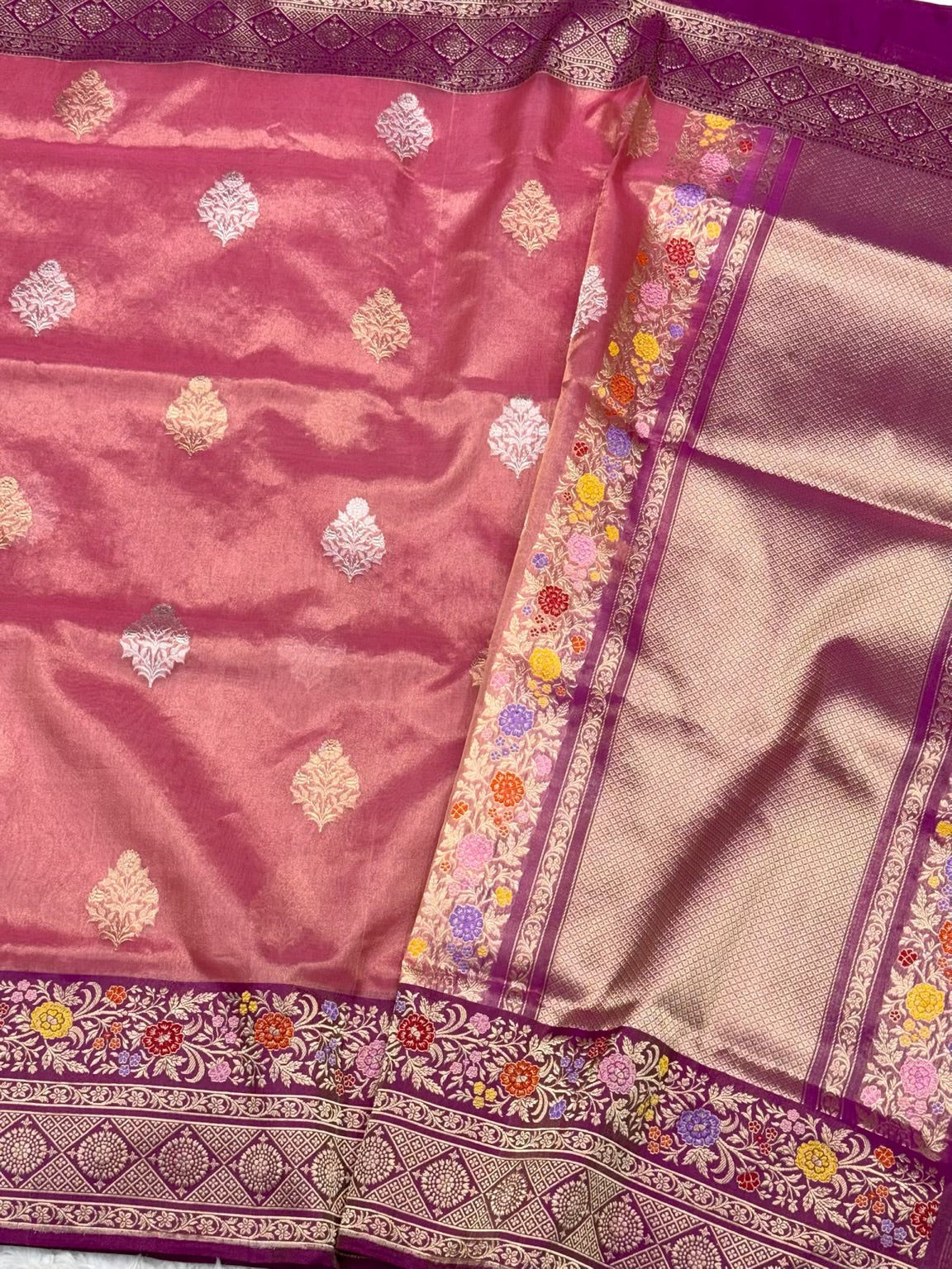 Peach Pink Pure Kora Tissue Silk Handwoven Banarasi Silk Saree | Katan Silk Border & Blouse
