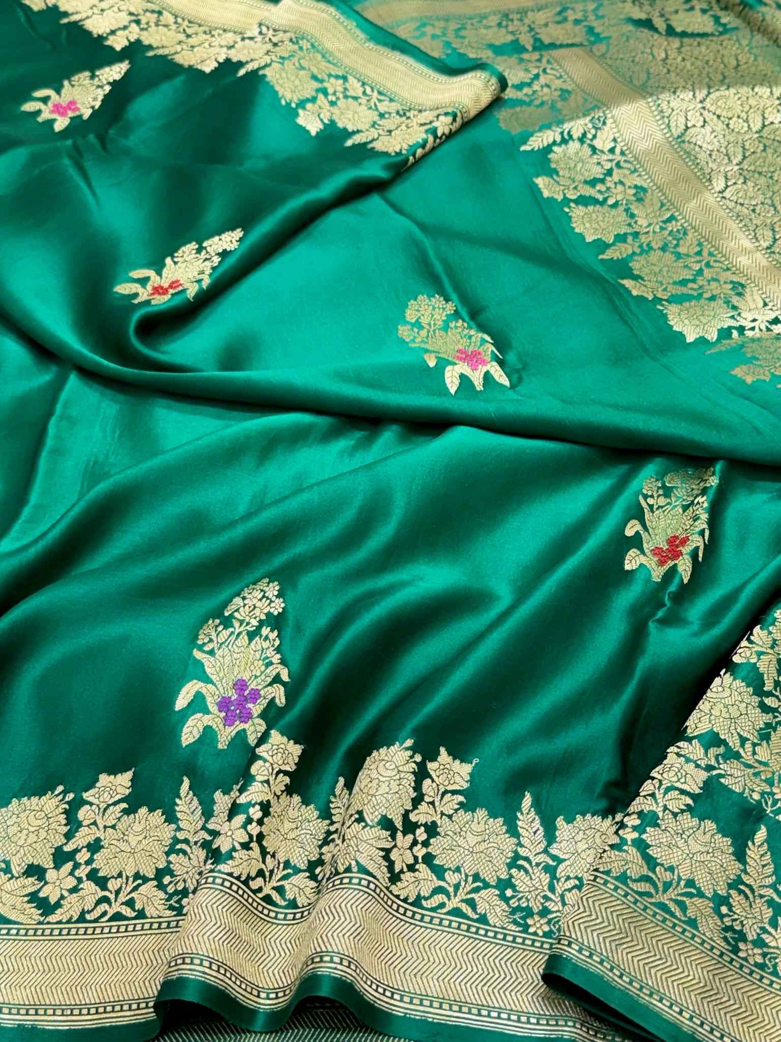 Emerald Green Pure Mashru Satin Silk | Kadhwa Weave | Handwoven Banarasi Saree - Rooted Elegance