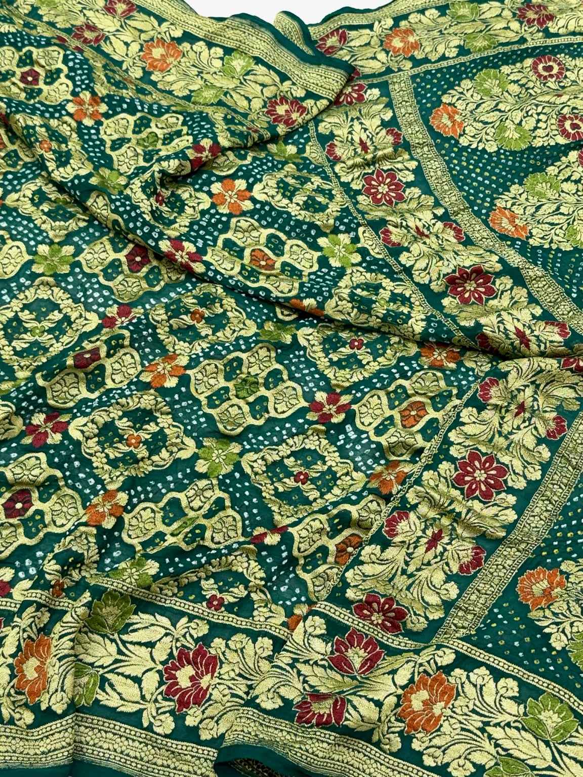 Emerald Green Pure Chiffon Georgette Handloom Banarasi Bandhej Saree soft Drape