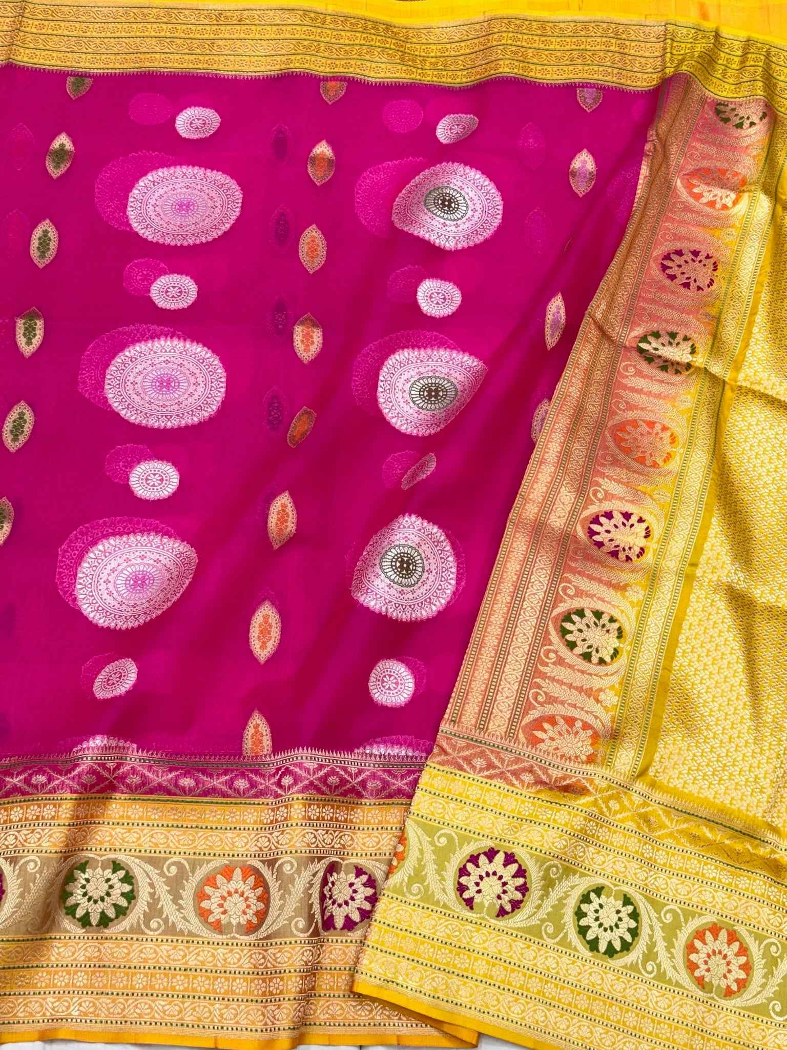 Rani Pink/Gold Pure Mulberry Silk & Pure Kora Silk Handwoven Banarasi Saree | Kadhwa Weave |