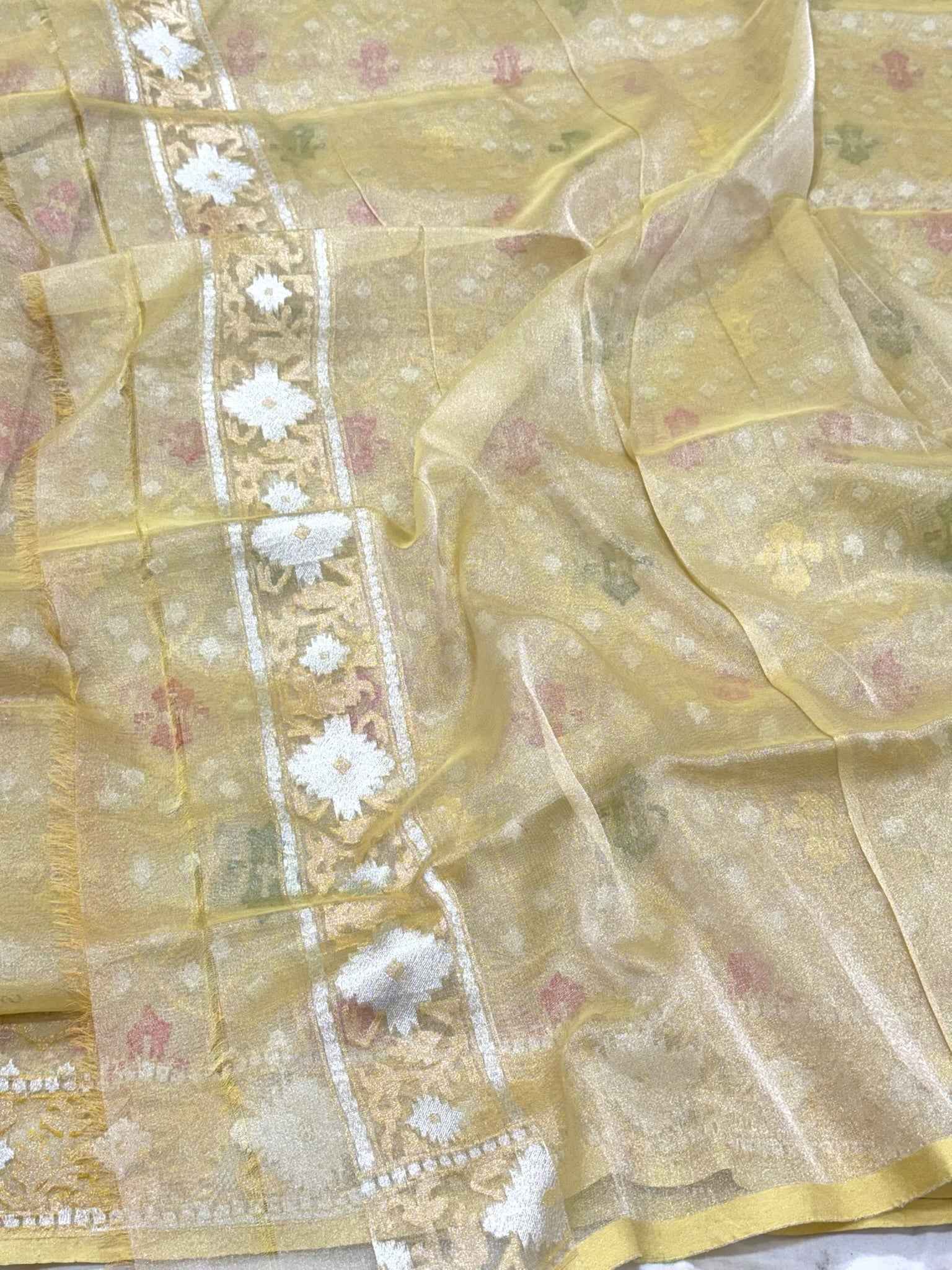 Pastel Yellow Pure Kora Silk & Pure Tissue Silk Jamdani | Ektara Weave | Handloom Banarasi Saree