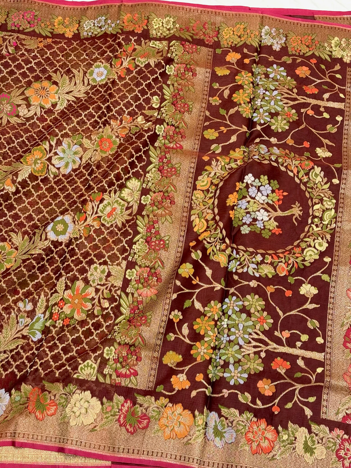 Brown Pure Mulberry Kora Silk Jamdani | Ektara Technique | Handloom Banarasi Saree - The New Classic