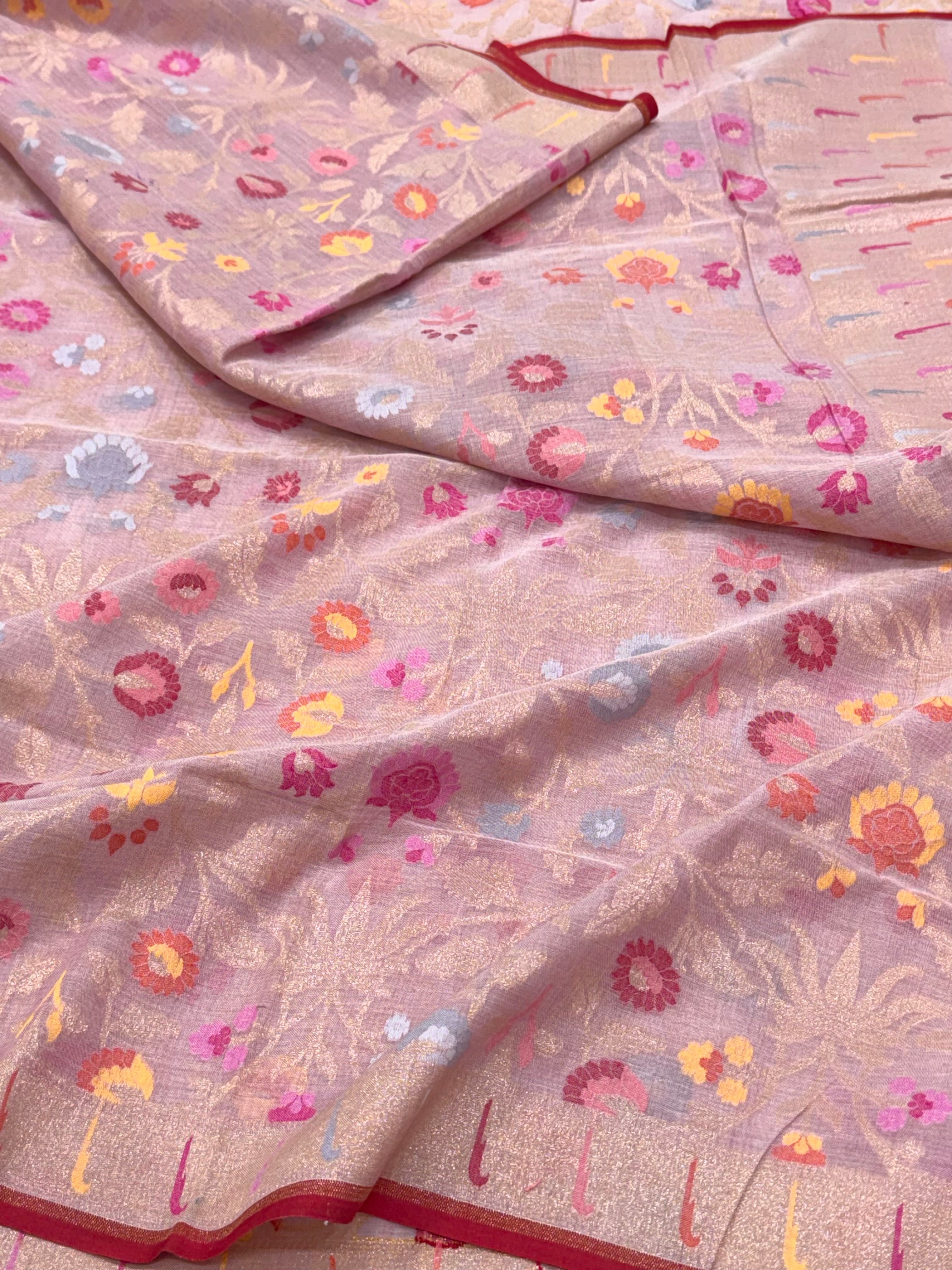 Powder Pink Pure Muslin Cotton Jamdani Handloom Banarasi Dupatta