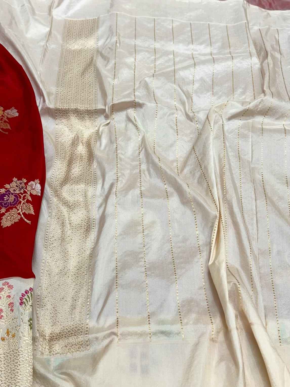 Red/Ivory 100% Pure Katan Mulberry Silk Kadhwa ( Handwoven ) Banarasi Saree