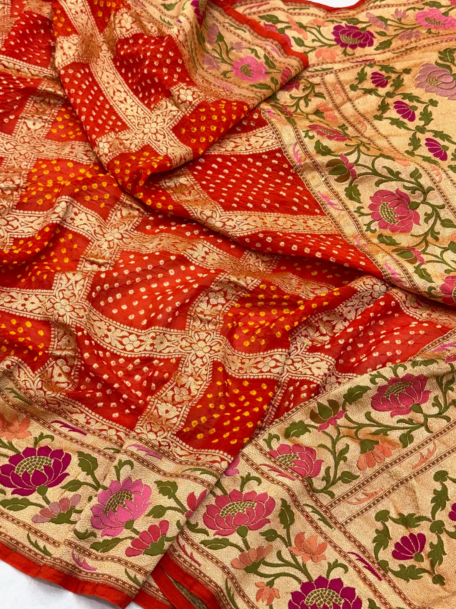 Orange Banarasi Handloom Saree | Pure Chiffon Georgette Banarasi Bandhej Saree